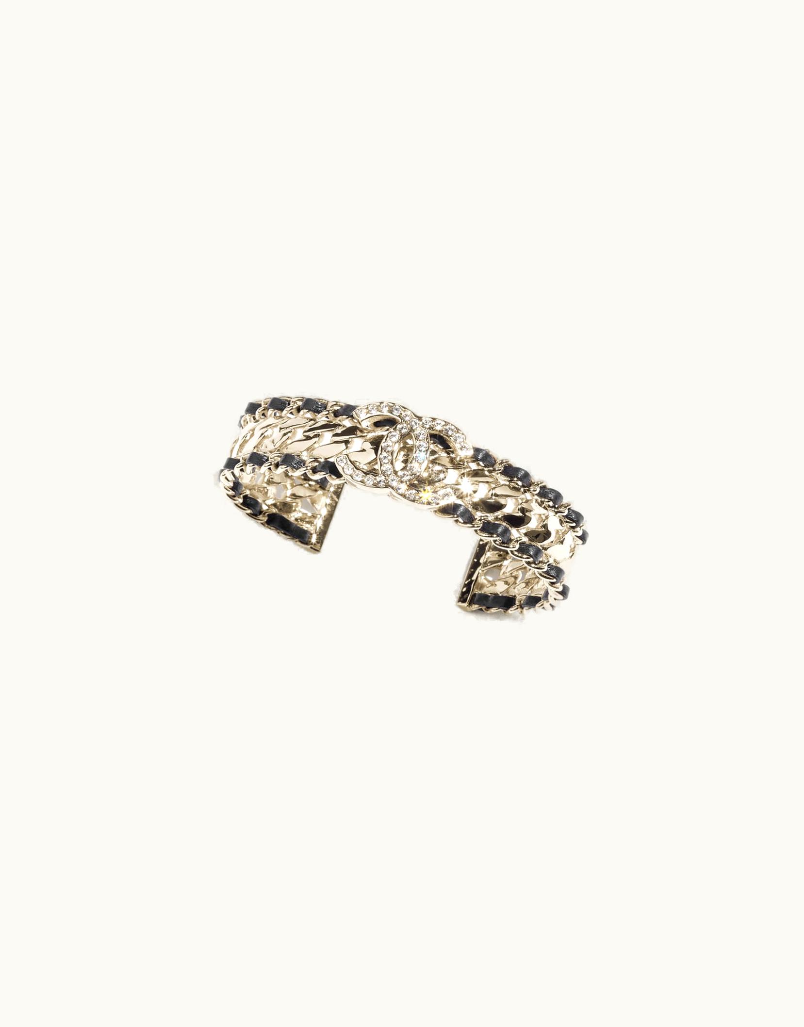 Chanel Chanel Cuff - Metal, Lambskin & Strass, Gold, Black & Crystal