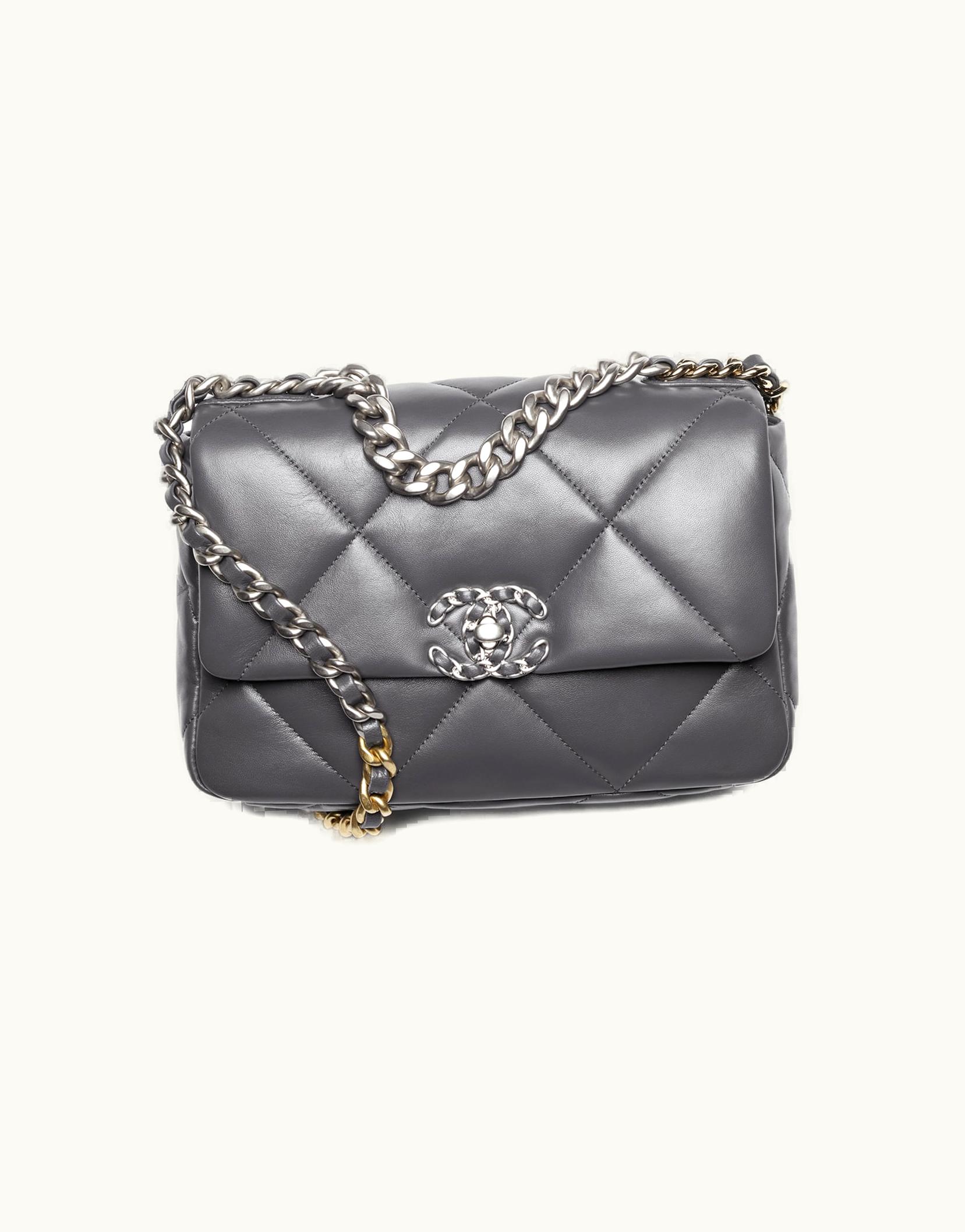 Chanel Chanel 19 Handbag, Shiny Lambskin, Gold-Tone, Silver-Tone & ruthenium-finish Metal, Dark Gray