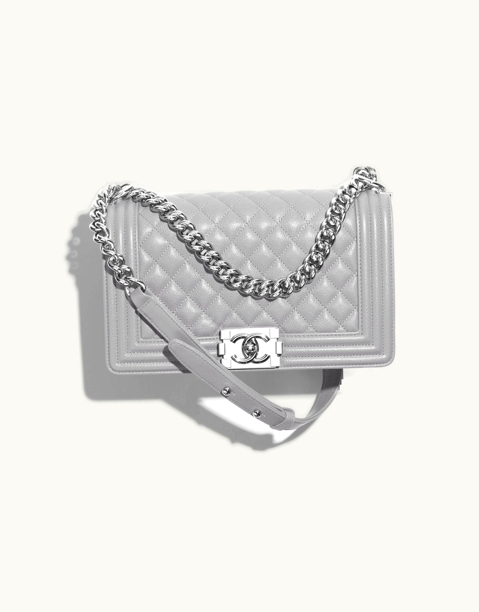 Chanel Boy Chanel Handbag, Shiny Grained Calfskin & Silver-Tone Metal, Gray