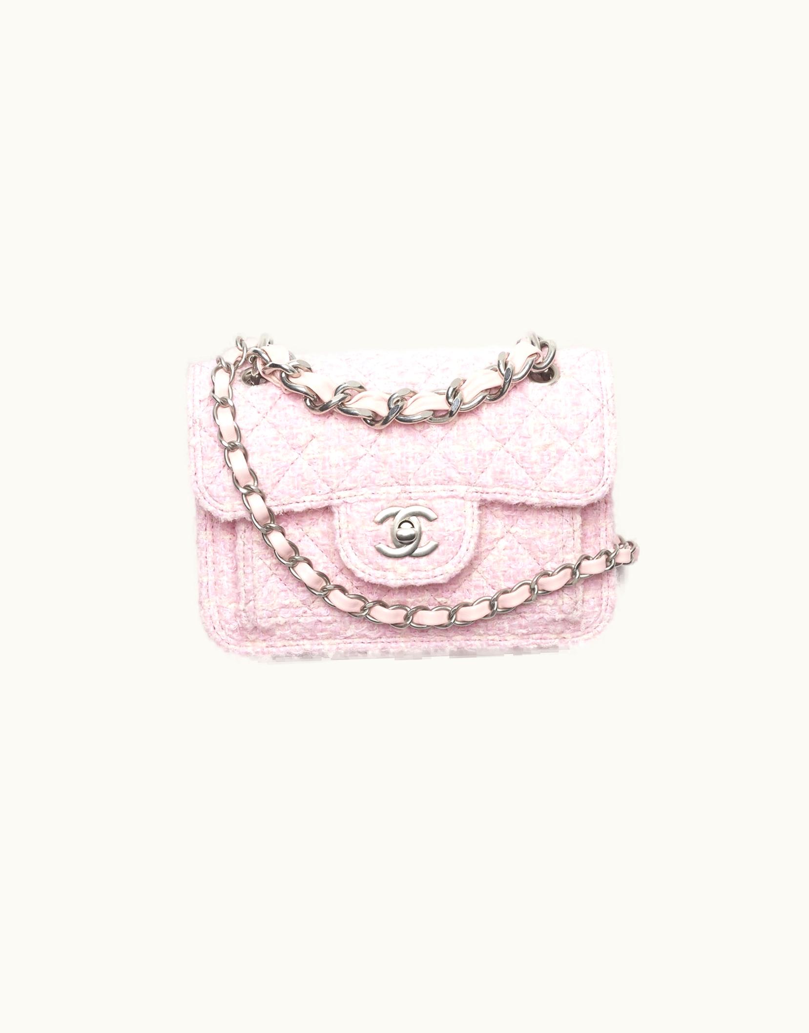 Chanel Chanel Mini Flap Bag, Tweed & Silver-Tone Metal, Pink & Light Beige