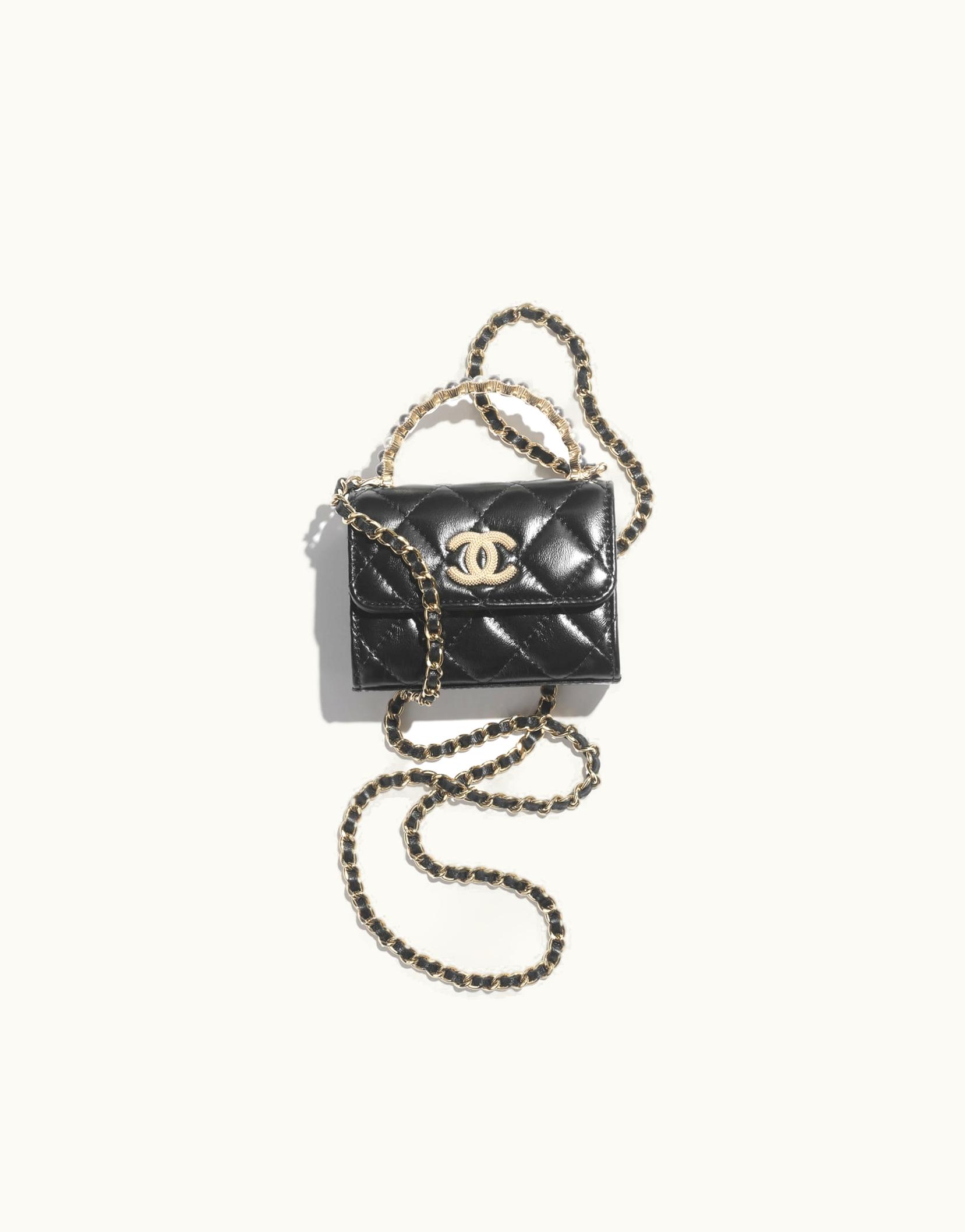 Chanel Chanel Small Clutch With Chain - Shiny Crumpled Lambskin, Imitation Pearls & Gold-Tone Metal, Black