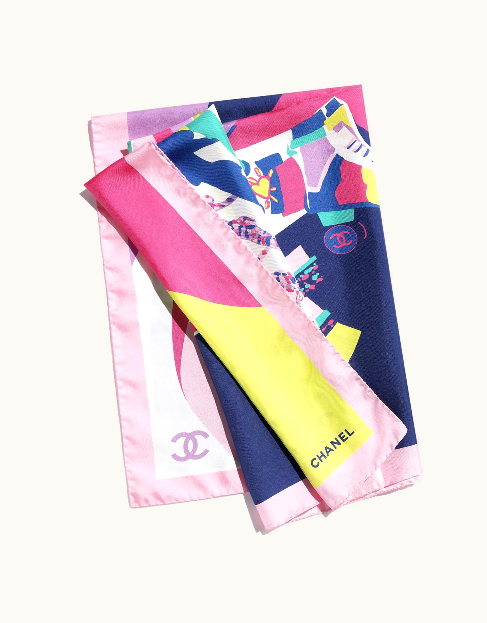 Chanel Chanel Square Scarf - Silk Twill, Dark Blue, Light Green & Pink