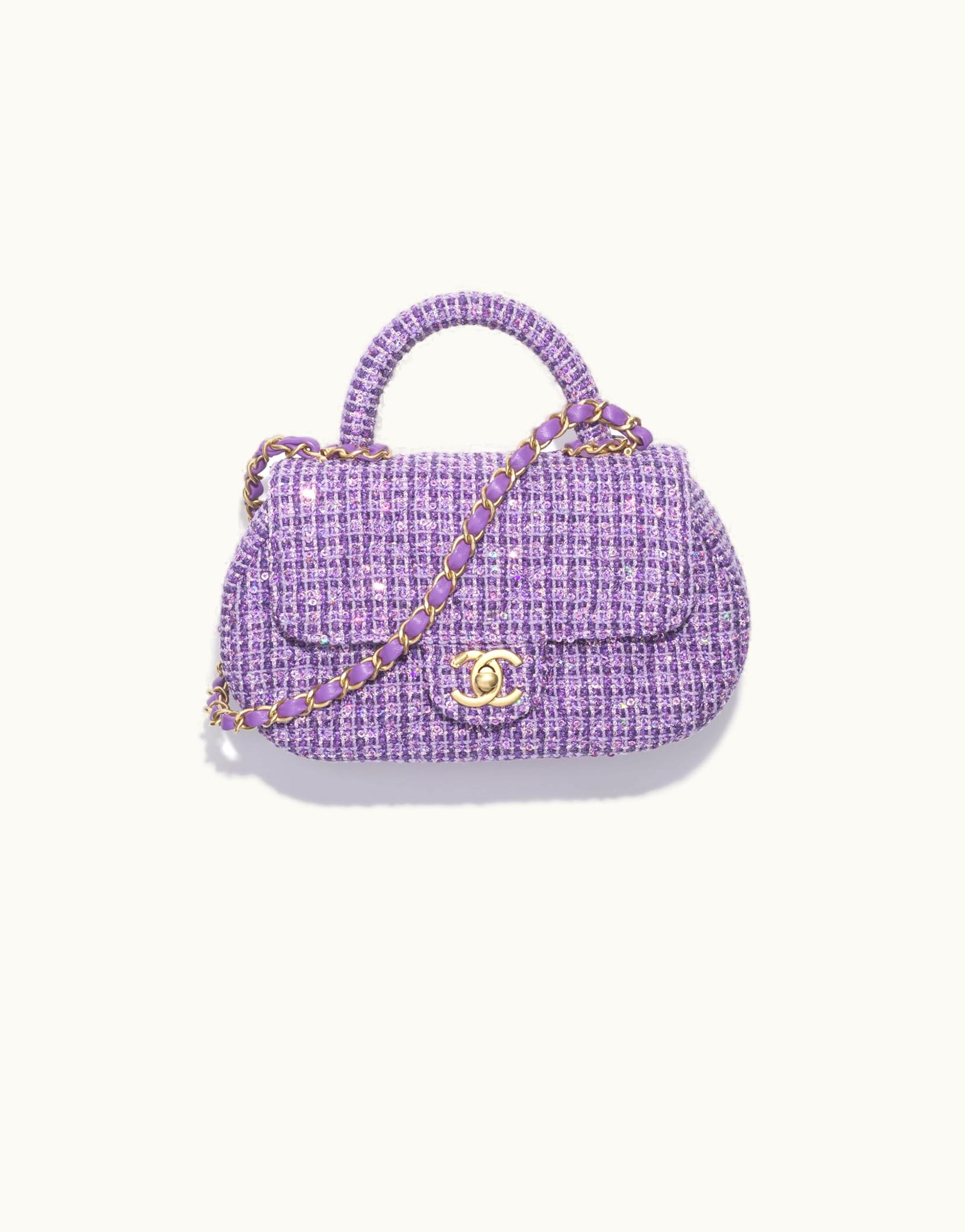 Chanel Chanel Small Bag With Top Handle, Tweed, Sequins & Gold-Tone Metal, Purple & Silver
