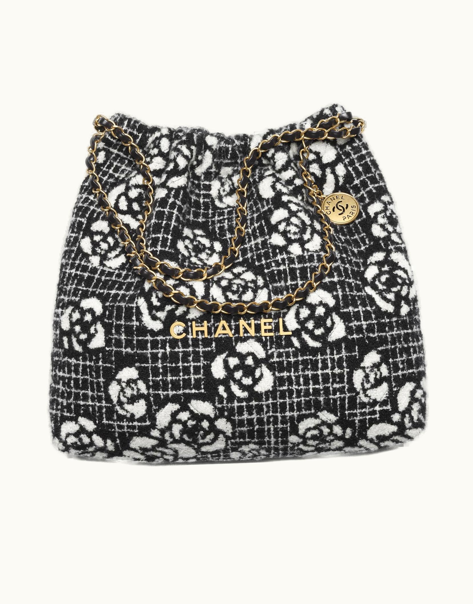 Chanel Chanel 22 Handbag, Cashmere Jacquard & Gold-Tone Metal, Black & White