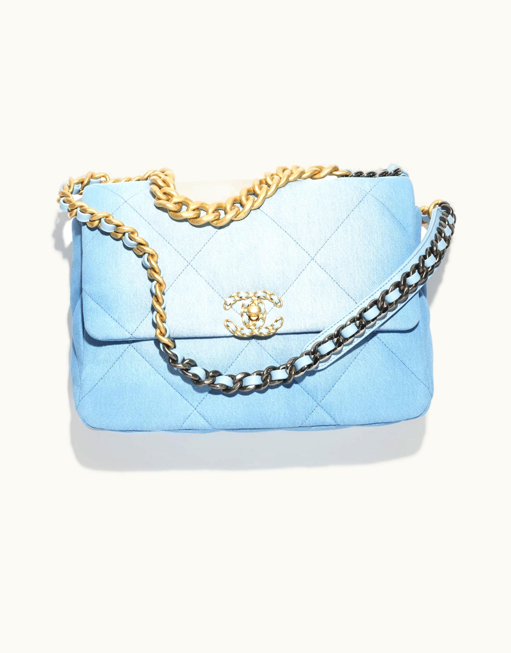 Chanel Chanel 19 Large Handbag, Denim, Gold-Tone, Silver-Tone & ruthenium-finish Metal, Blue & Light Blue