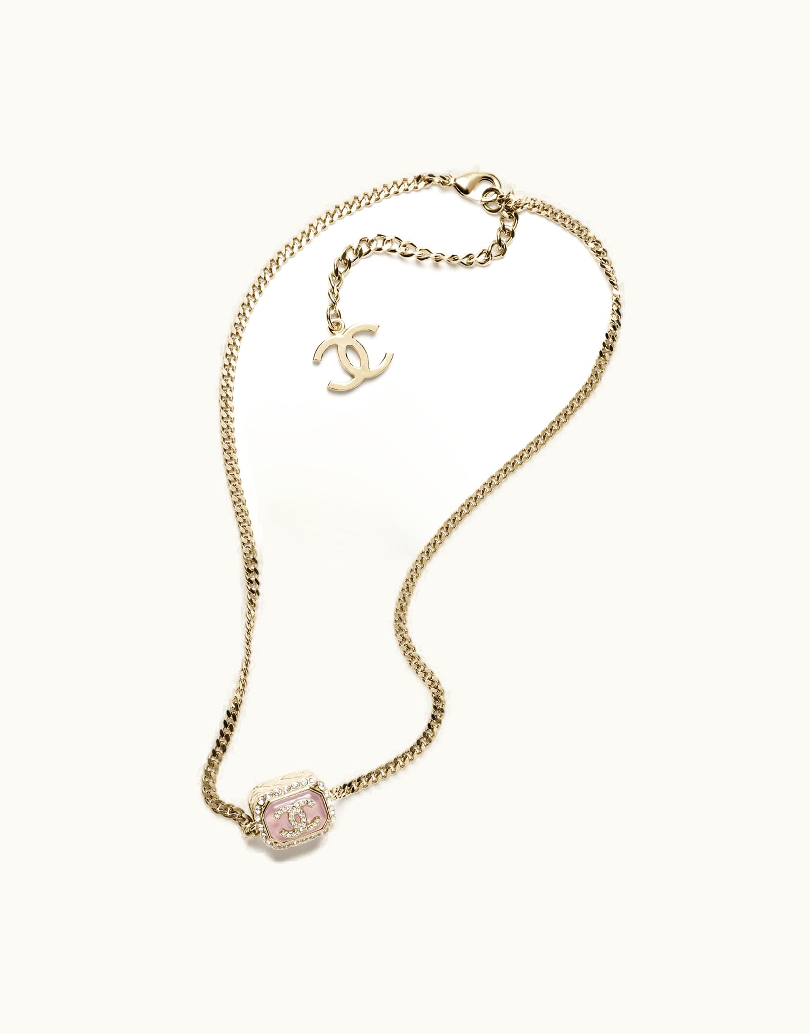 Chanel Chanel Pendant Necklace - Metal, Resin & Strass, Gold, Pink & Crystal