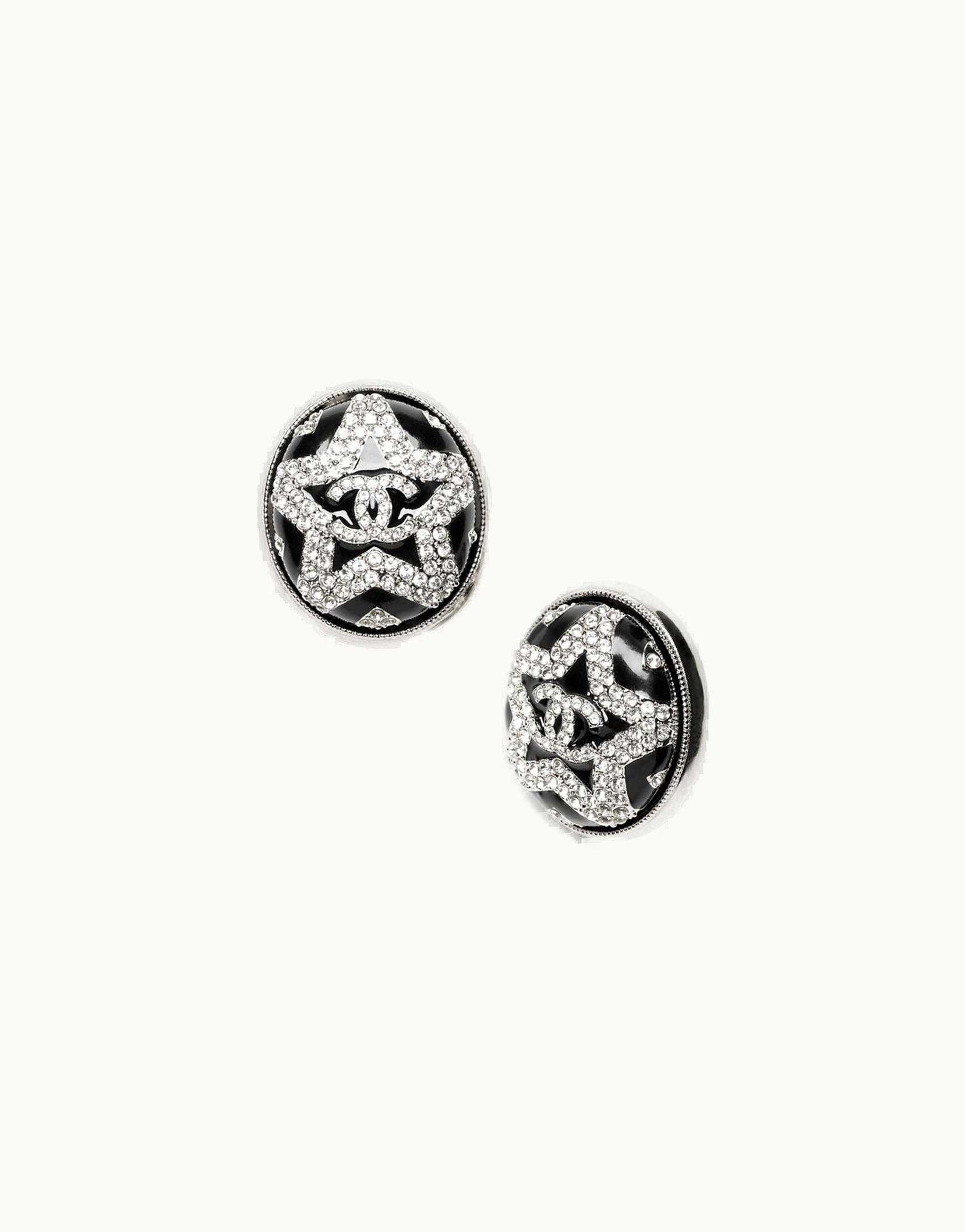 Chanel Chanel Stud Earrings - Metal, Resin & Strass, Silver, Black & Crystal