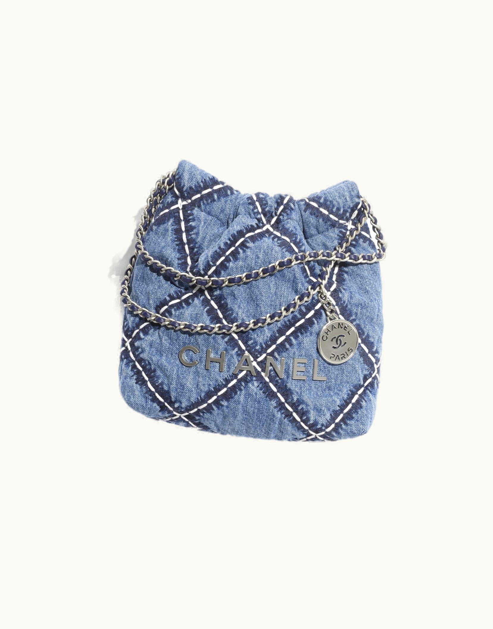 Chanel Chanel 22 Mini Handbag, Stitched Denim & Silver-Tone Metal, Blue