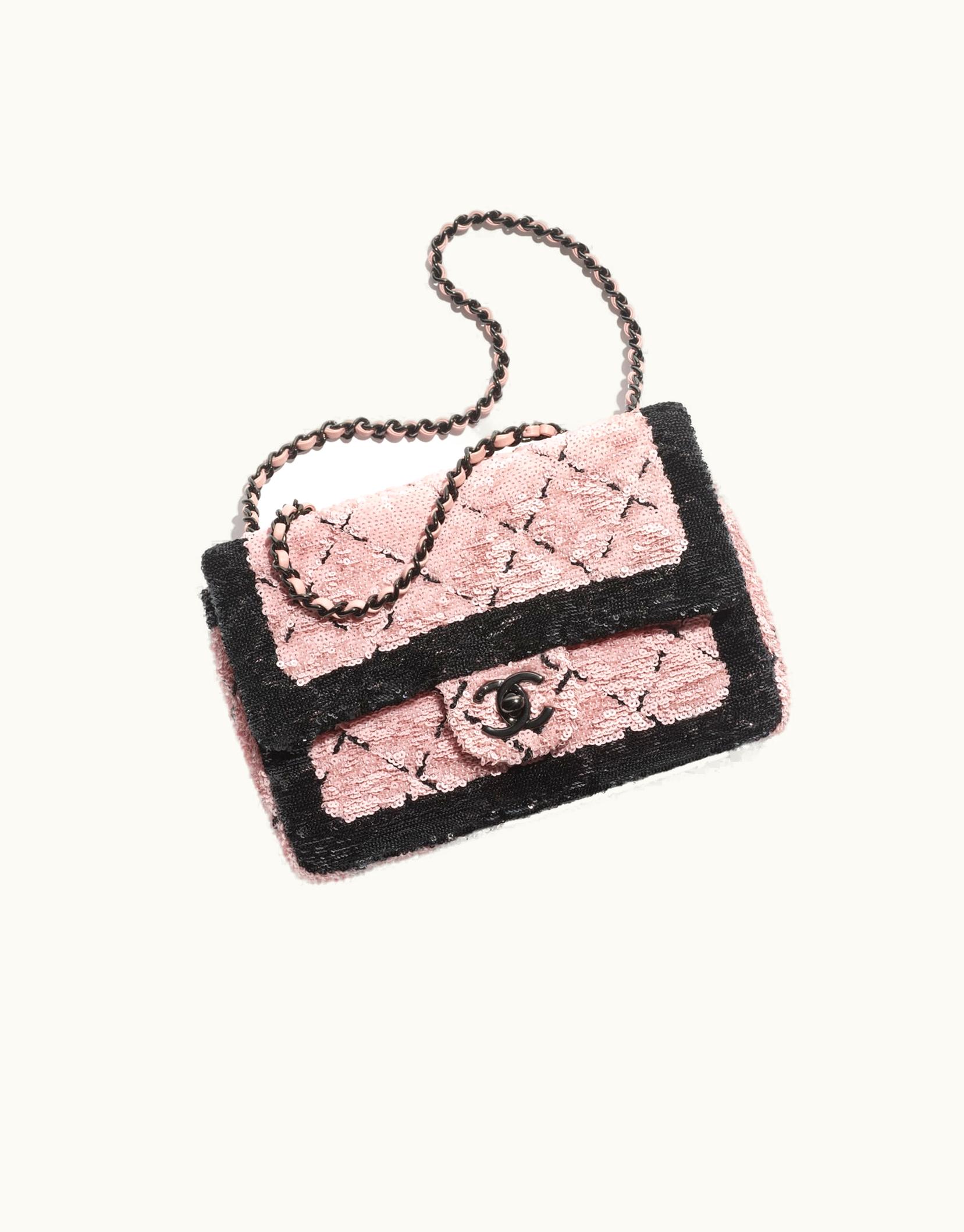 Chanel Chanel Small Flap Bag, Sequins & Black Metal, Pink & Black