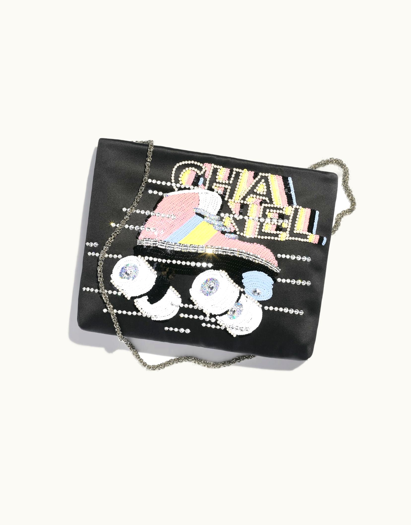 Chanel Chanel Clutch, Embroidered Satin, Sequins, Imitation Pearls, Strass & Silver-Tone Metal, Black & Multicolor