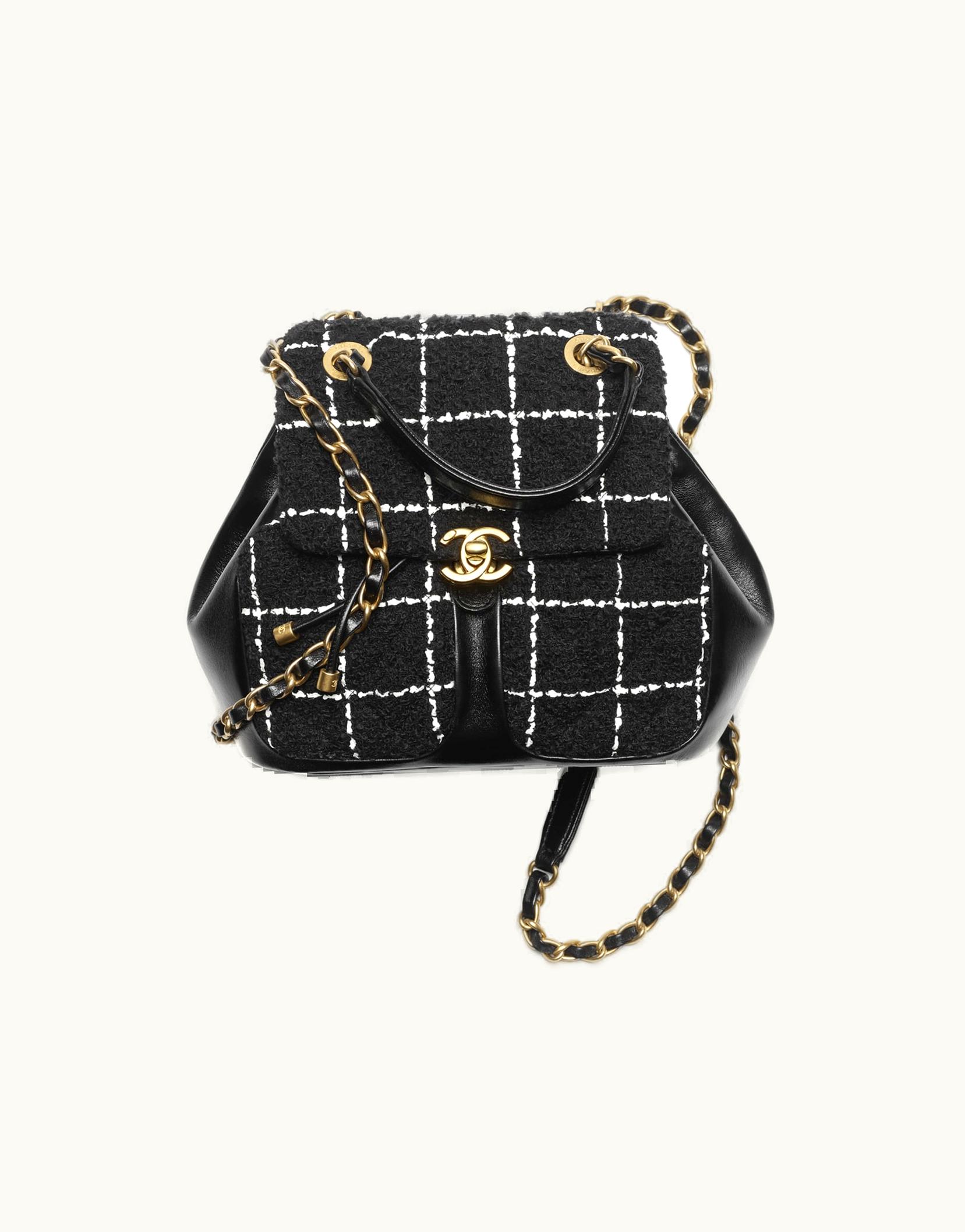 Chanel Chanel Backpack, Wool Tweed, Lambski & Gold-Tone Metal, Black & White
