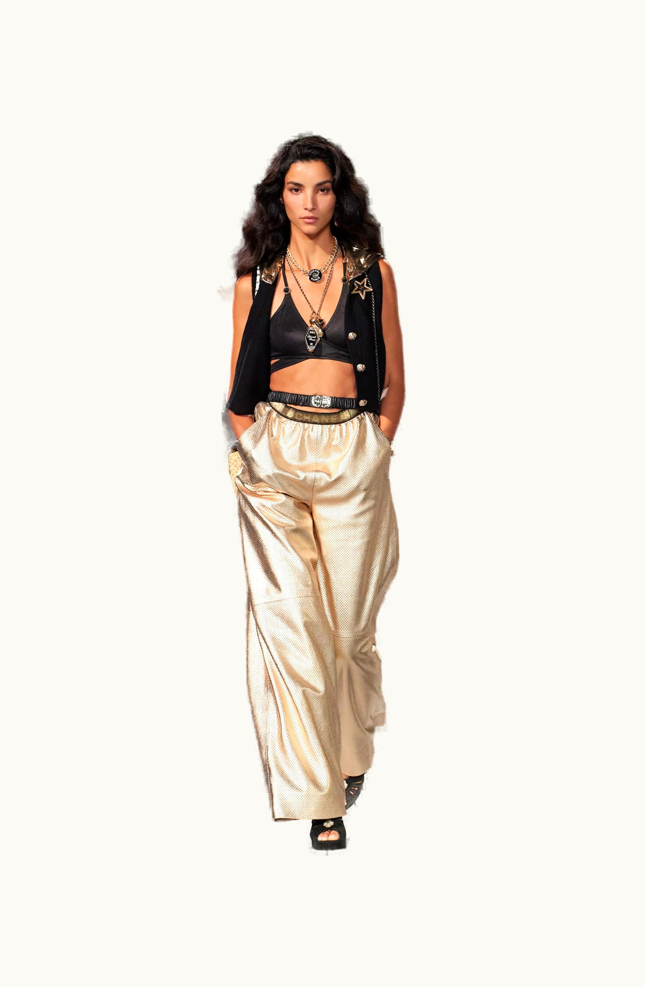 Chanel Chanel Pants - Perforated Lambskin & Cotton, Gold & Black