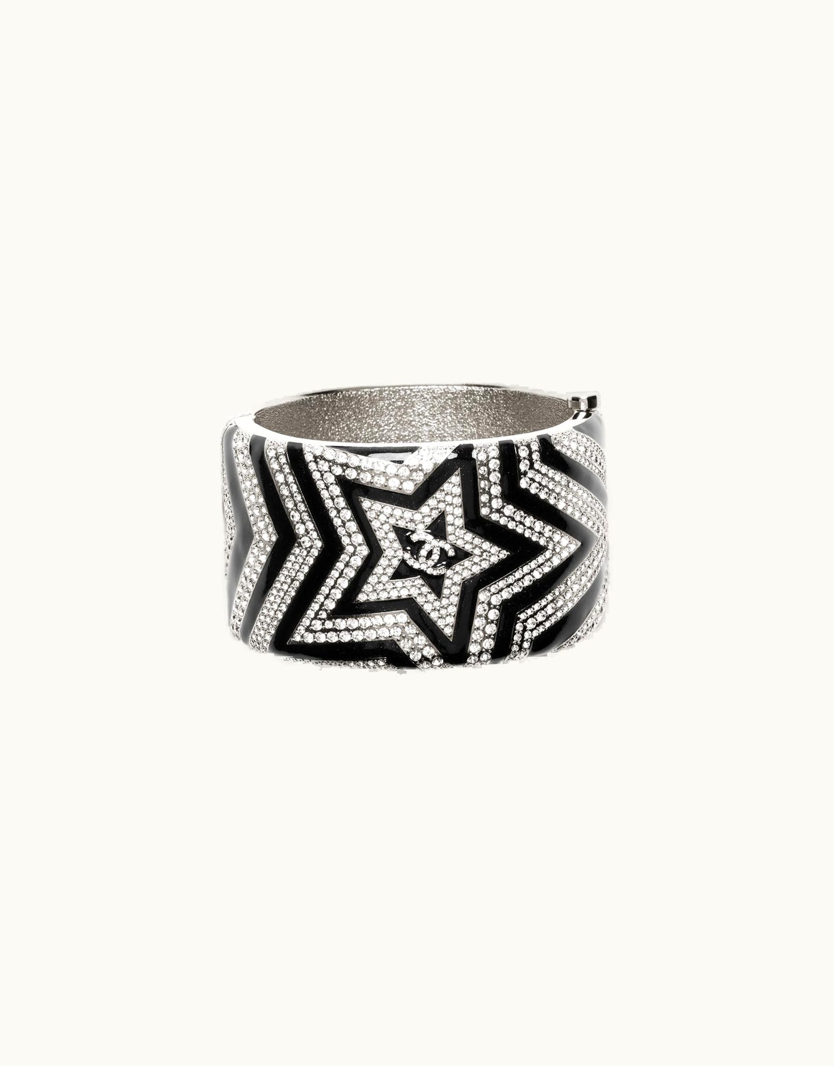 Chanel Chanel Cuff - Metal & Strass, Silver, Black & Crystal