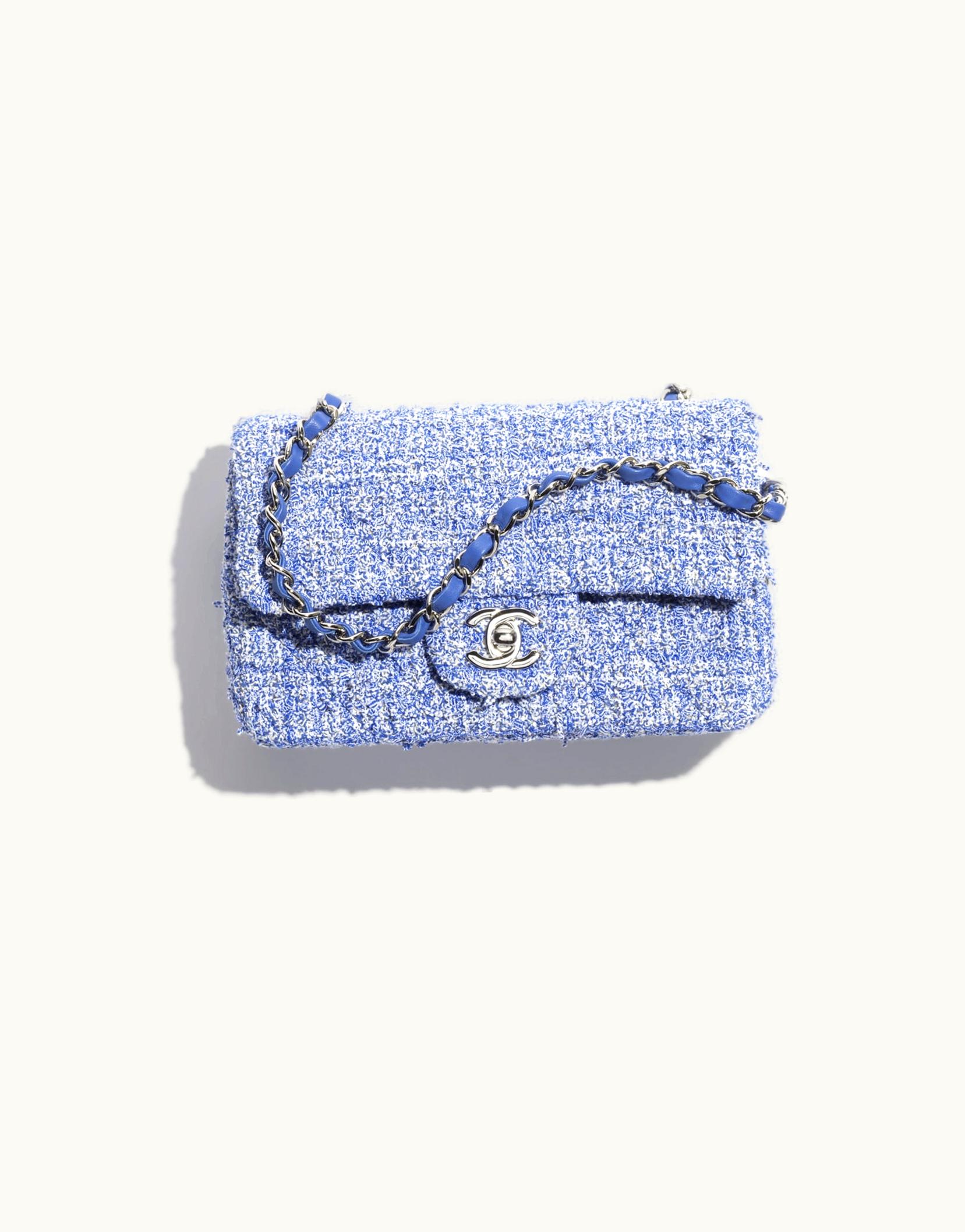 Chanel Chanel Mini Flap Bag, Tweed & Silver-Tone Metal, Blue & White