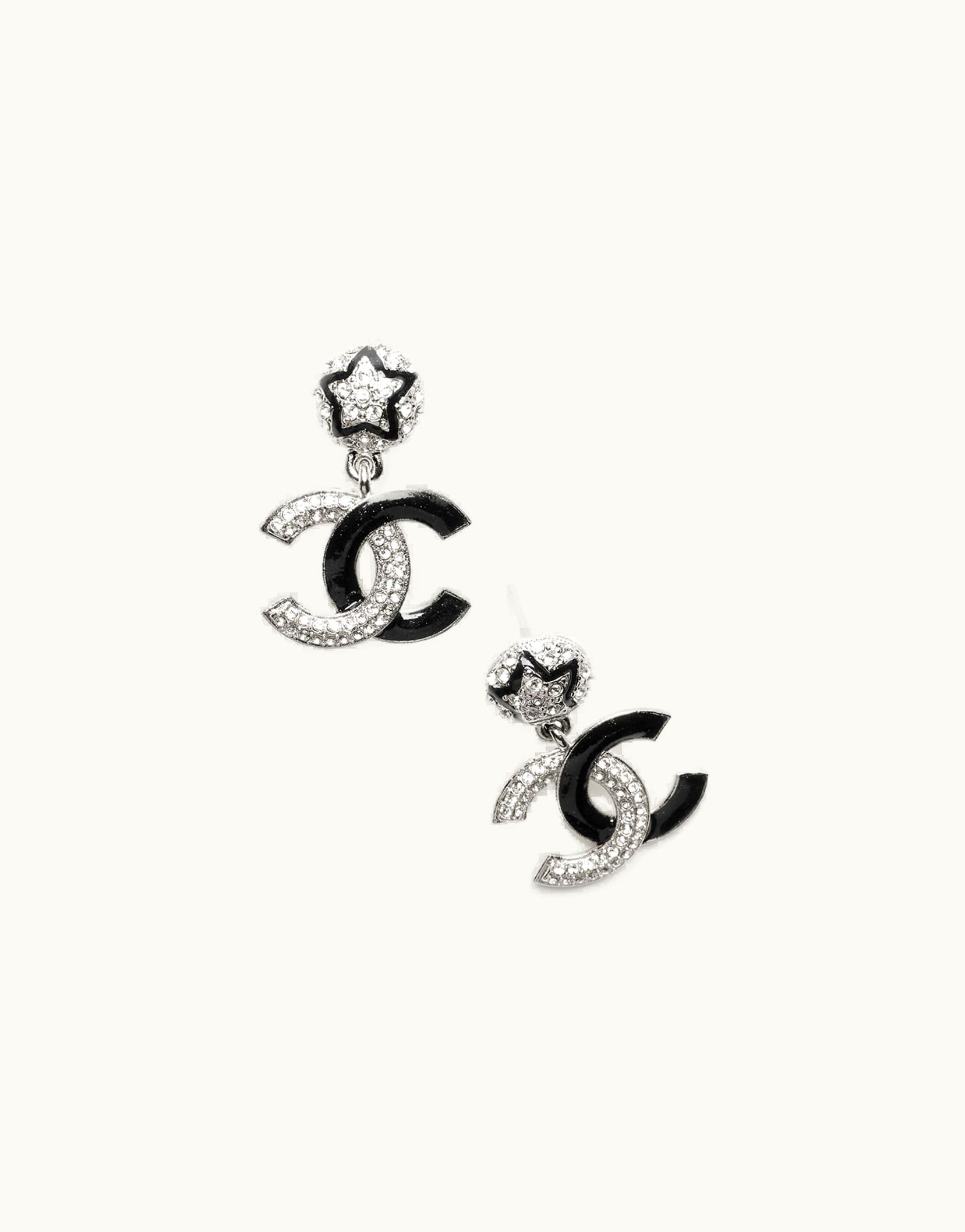 Chanel Chanel Pendant Earrings - Metal & Strass, Silver, Black & Crystal