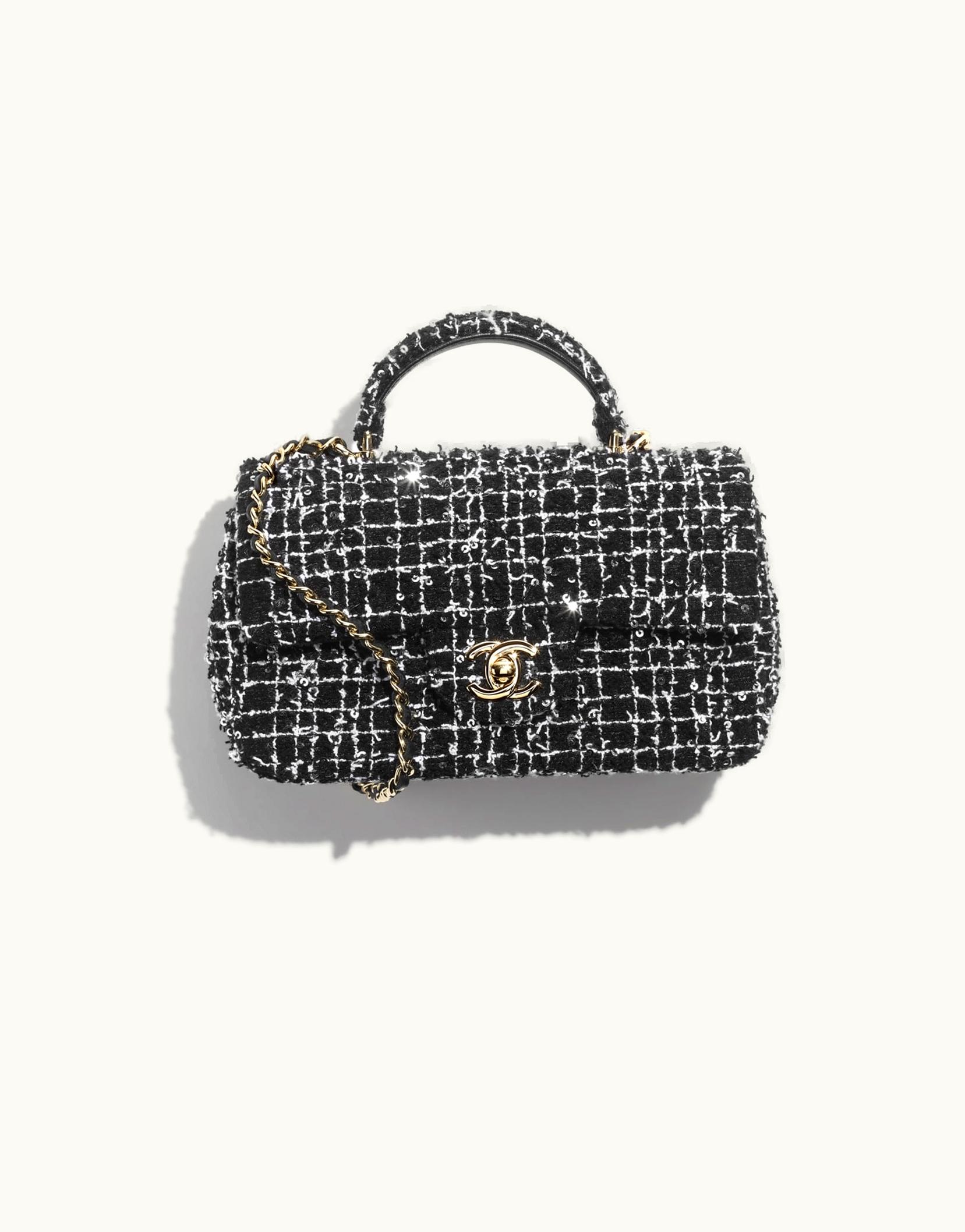 Chanel Chanel Mini Flap Bag With Top Handle, Sequin Embroidered Tweed & Gold-Tone Metal, Black, White & Silver