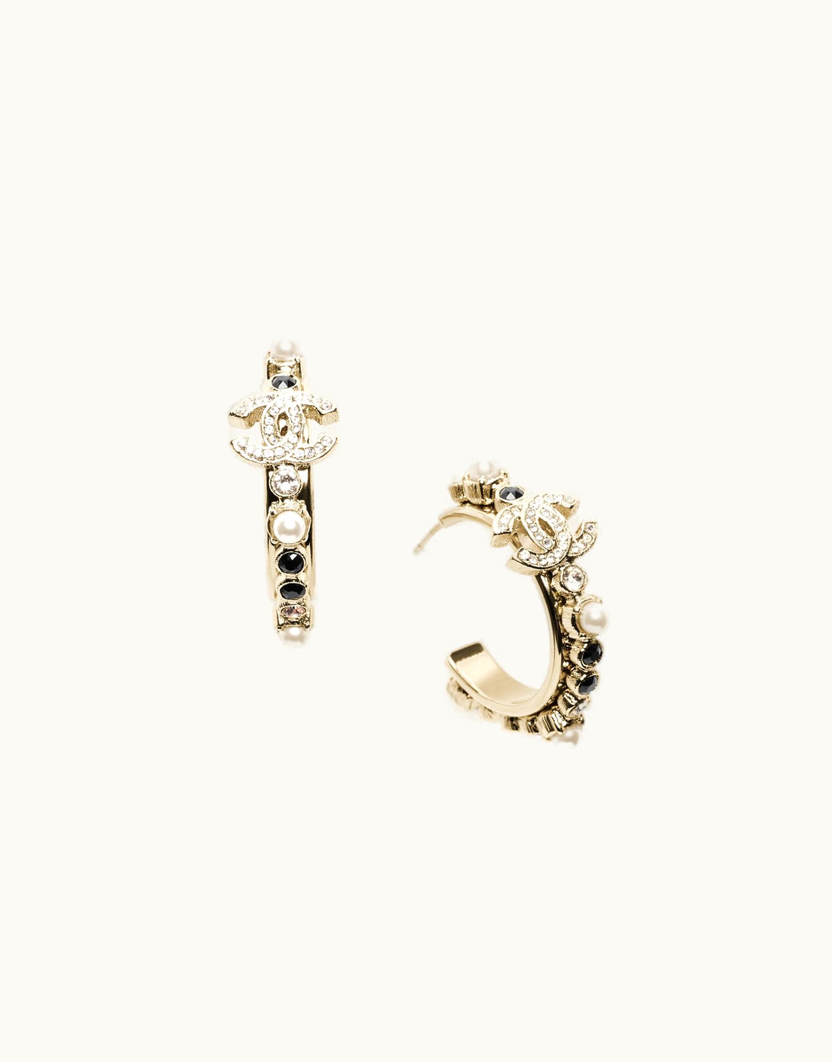 Chanel Chanel Hoop Earrings - Metal, Glass Pearls & Strass, Gold, Pearly White, Black & Crystal