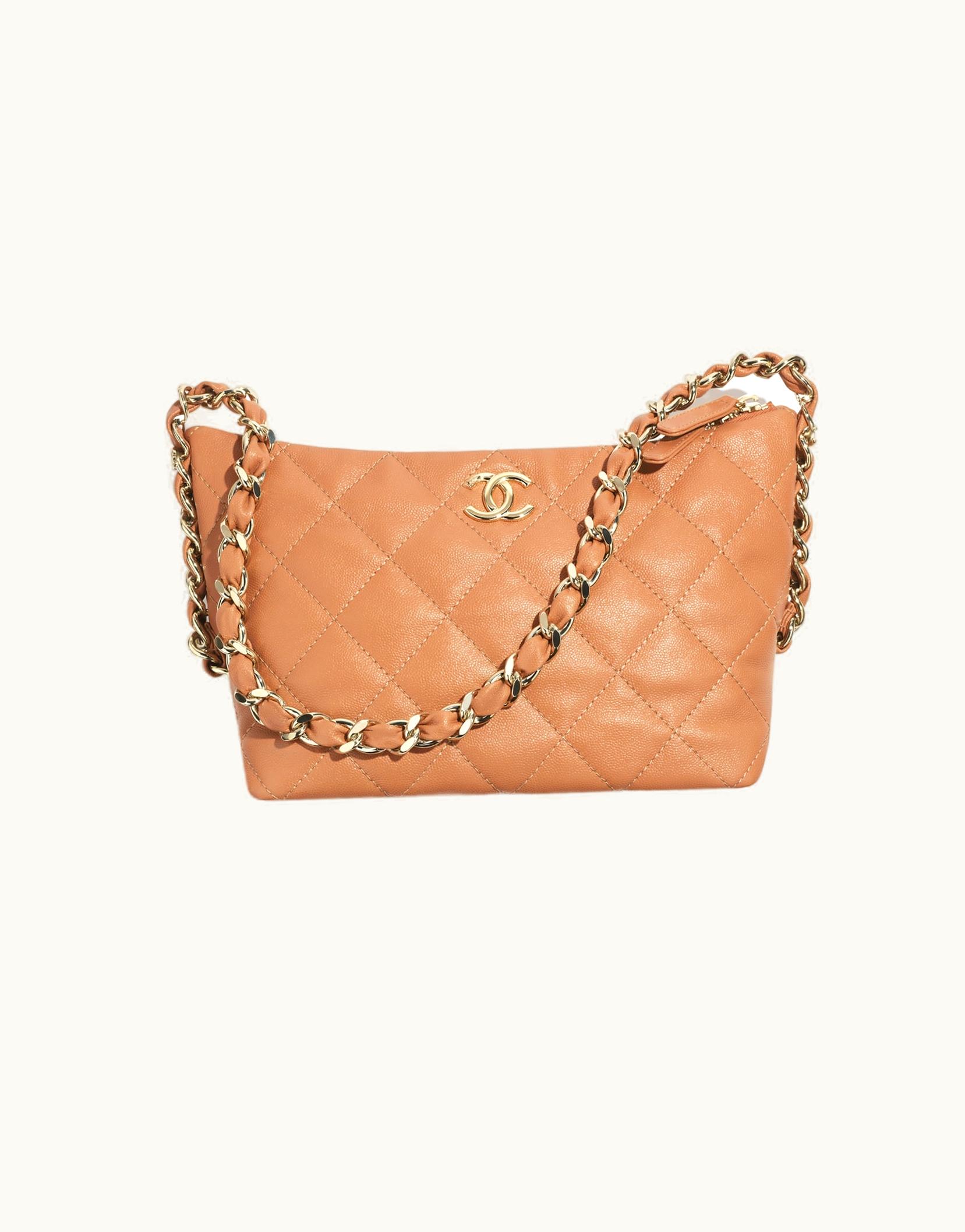 Chanel Chanel Hobo Handbag, Grained Shiny Calfskin & Gold-Tone Metal, Camel