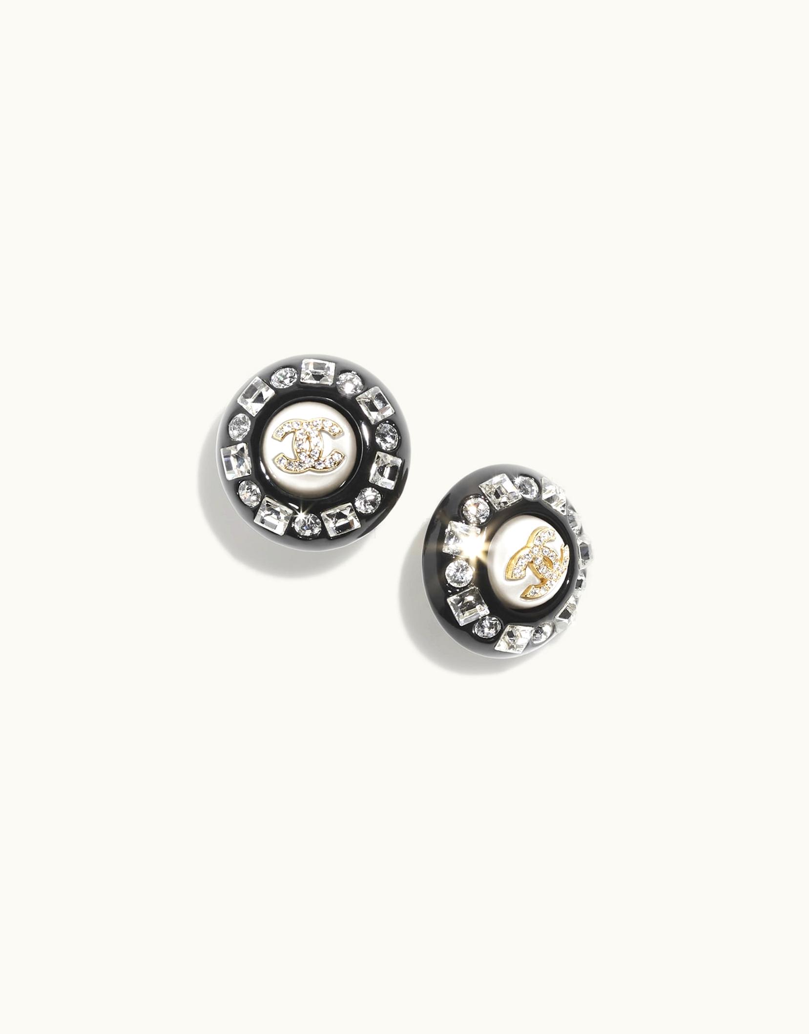 Chanel Chanel Stud Earrings - Resin, Metal & Strass, Black, Pearly White, Gold & Crystal
