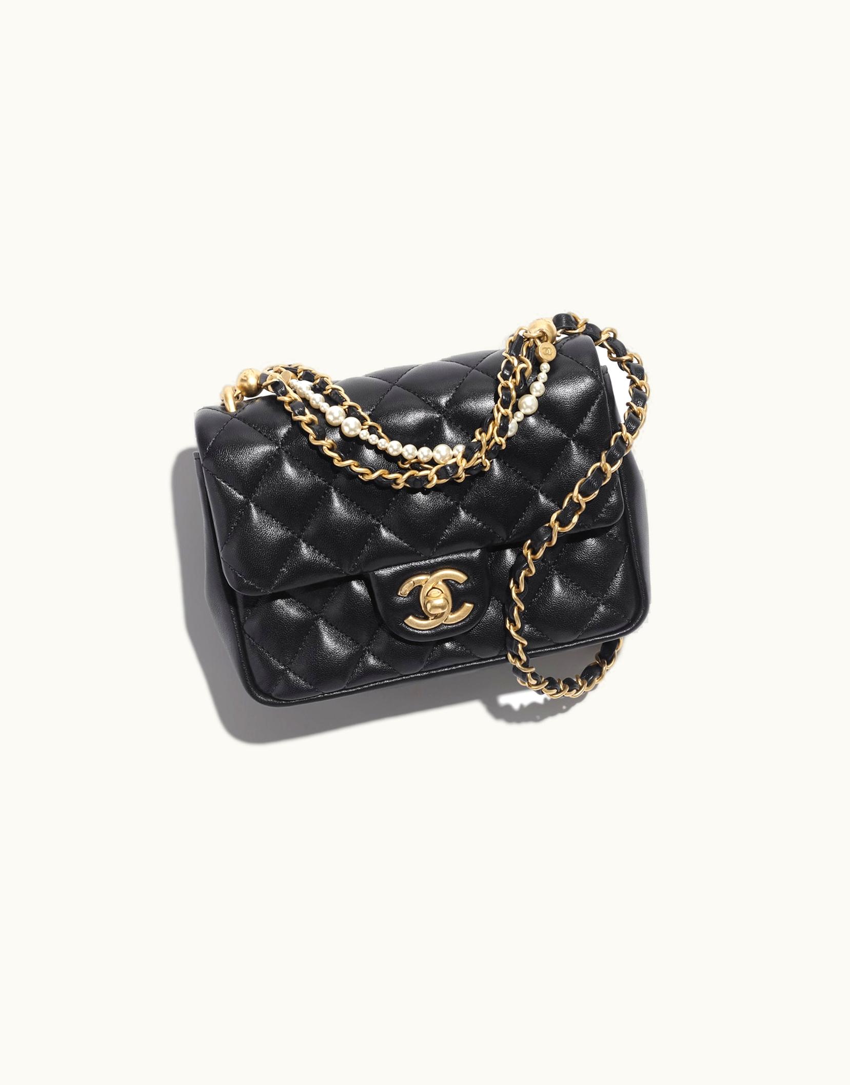 Chanel Chanel Mini Flap Bag, Shiny Lambskin, Imitation Pearls & Gold-Tone Metal, Black Black