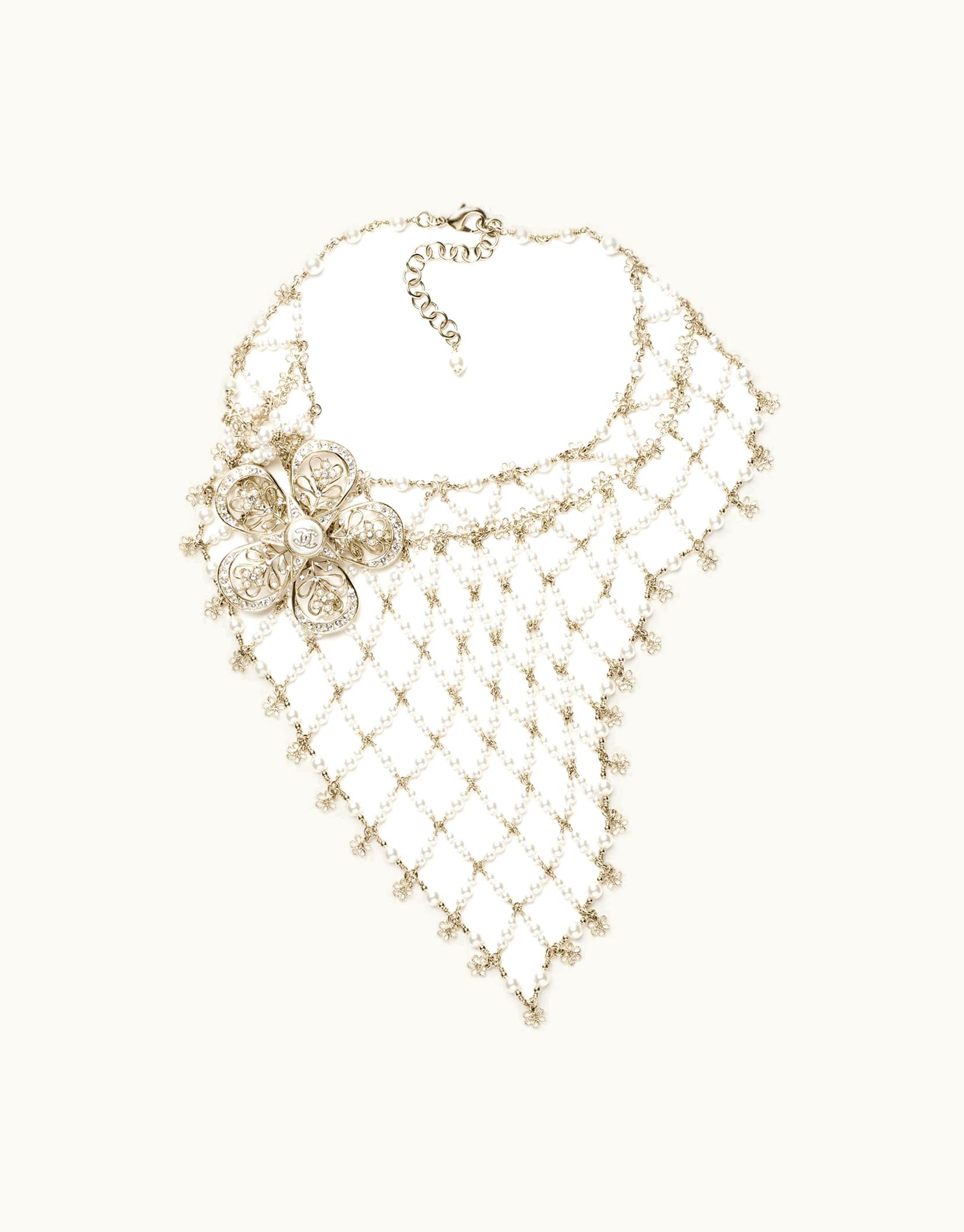 Chanel Chanel Bib Necklace - Metal, Glass Pearls, Imitation Pearls & Strass, Gold, Pearly White & Crystal Gold, Pearly White & Crystal