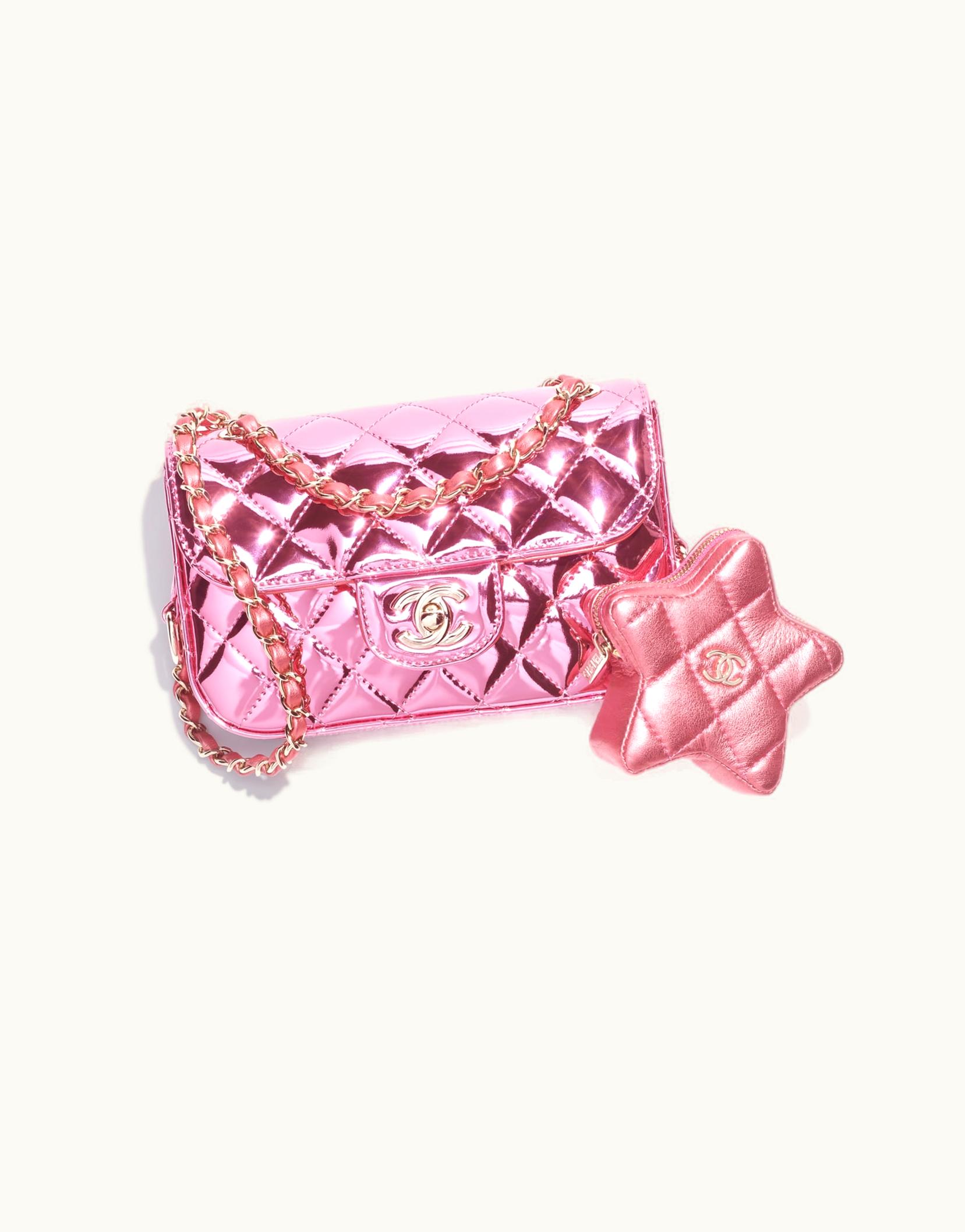 Chanel Chanel Mini Flap Bag & Star Coin Purse, Mirror Calfskin, Metallic Calfskin & Gold-Tone Metal, Pink Pink