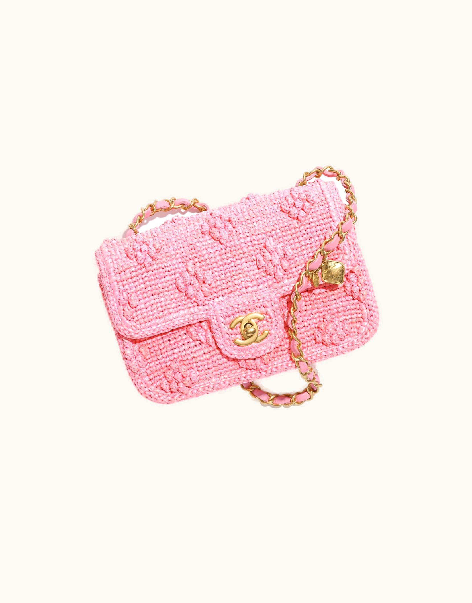 Chanel Chanel Mini Flap Bag, Raffia Effect Braided & Gold-Tone Metal, Light Pink