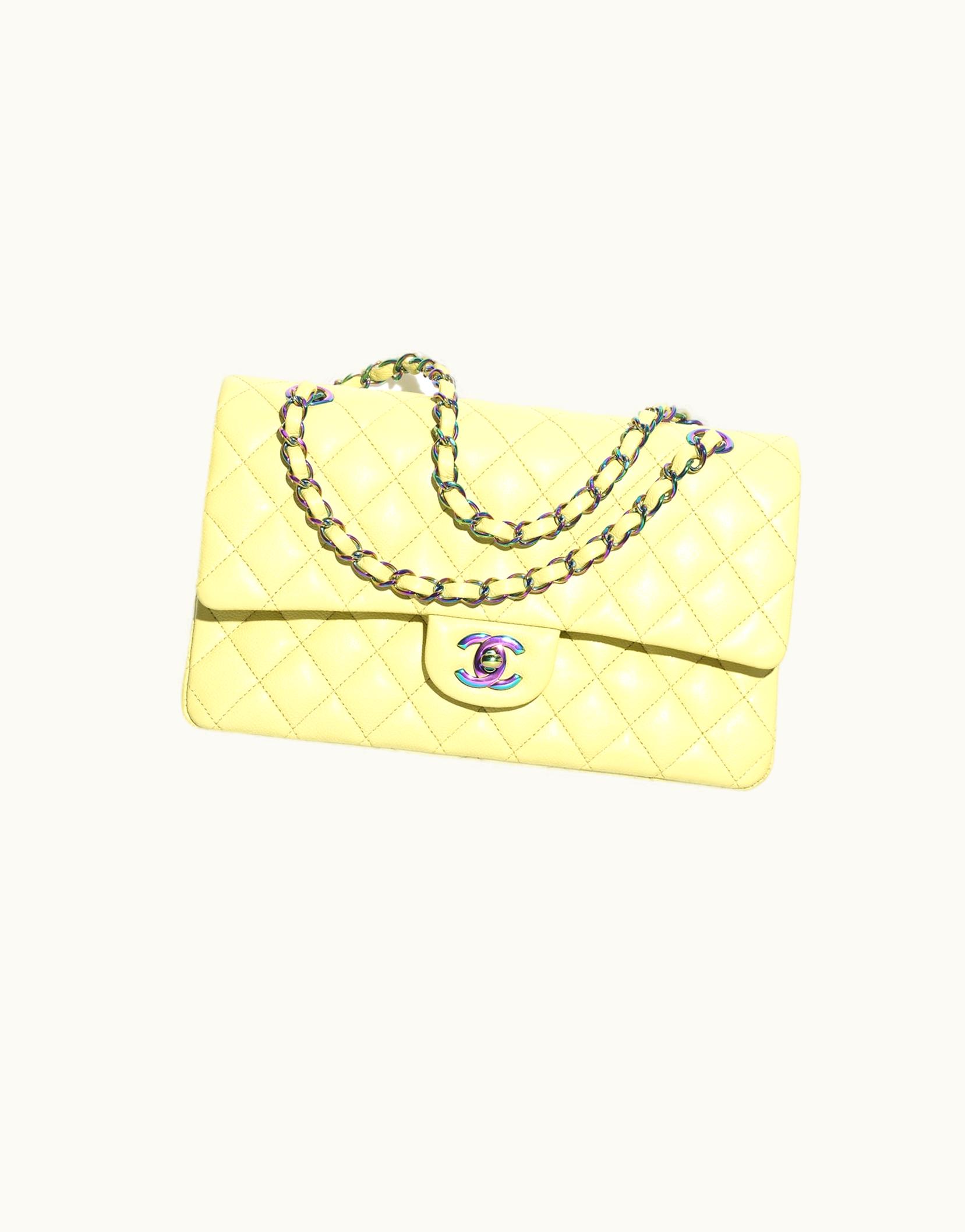Chanel Chanel Classic Handbag, Shiny Grained Calfskin & Rainbow Metal, Yellow