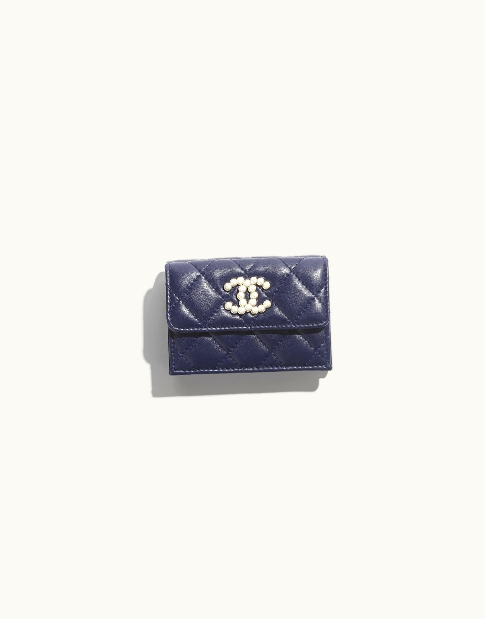 Chanel Chanel Small Flap Wallet - Lambskin, Imitation Pearls & Gold-Tone Metal, Navy Blue