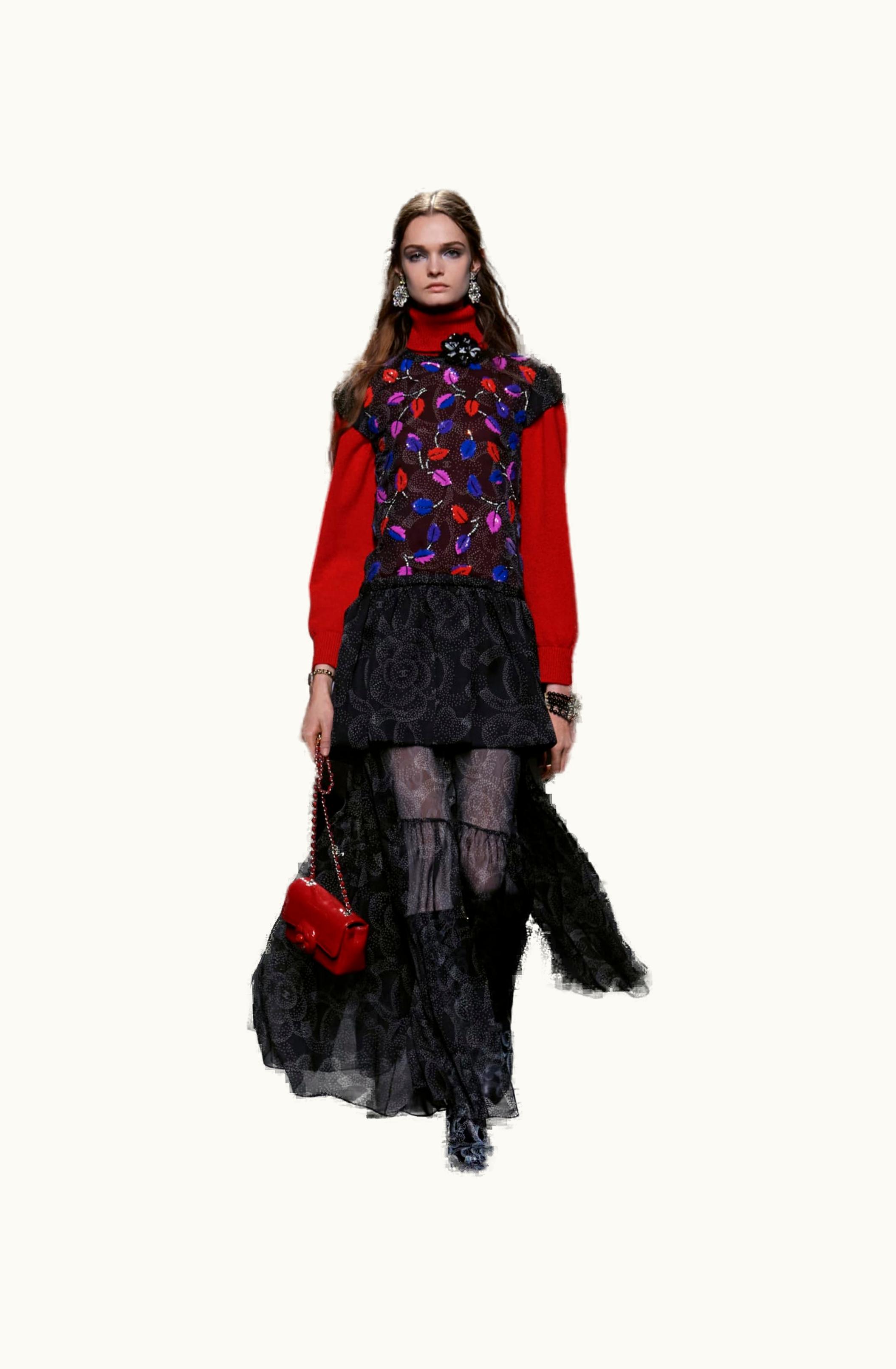 Chanel Chanel Dress - Printed Silk Muslin Embroidered With Sequins, Black, Silver, Red & Multicolor