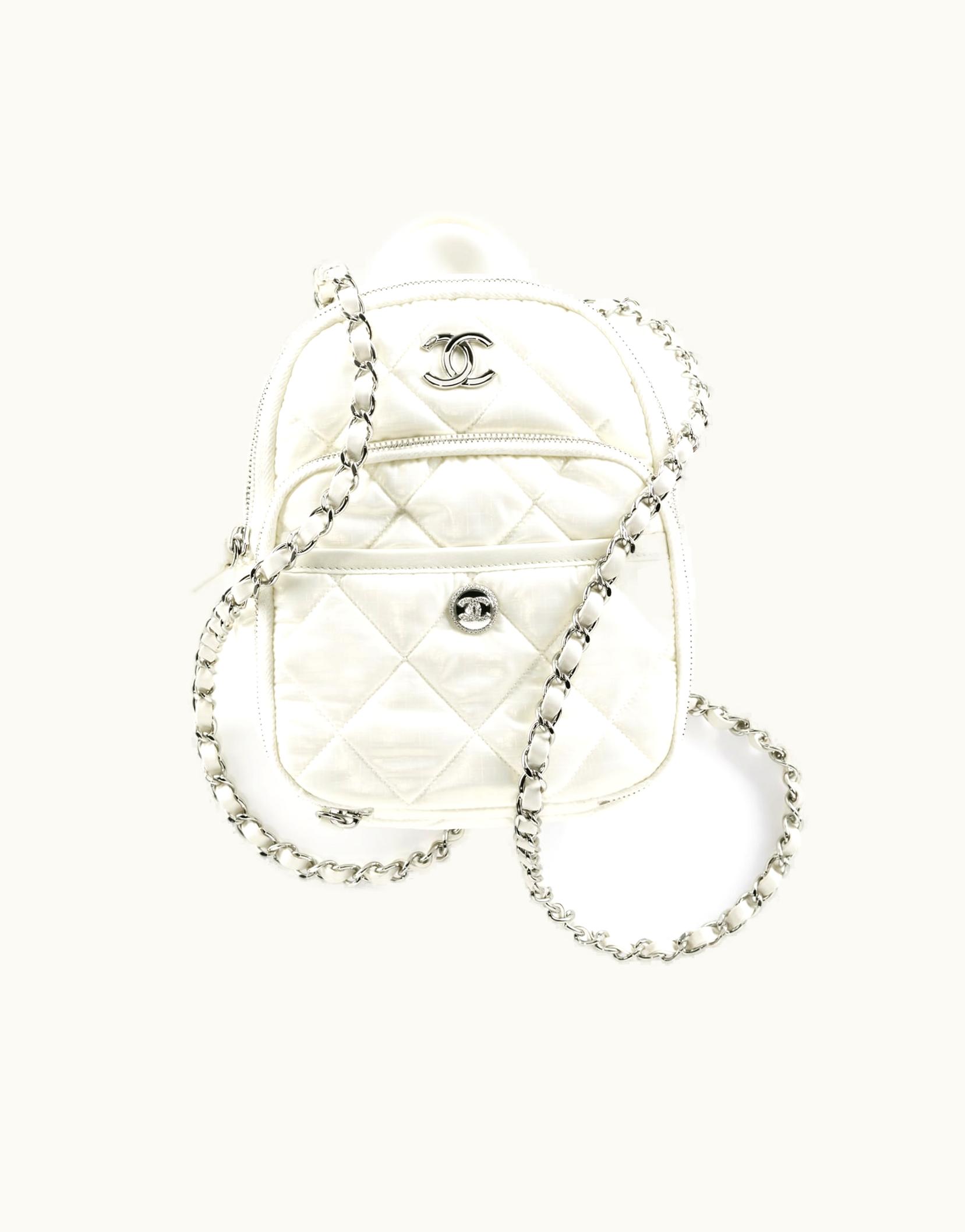Chanel Chanel Backpack, Nylon & Silver-Tone Metal, White