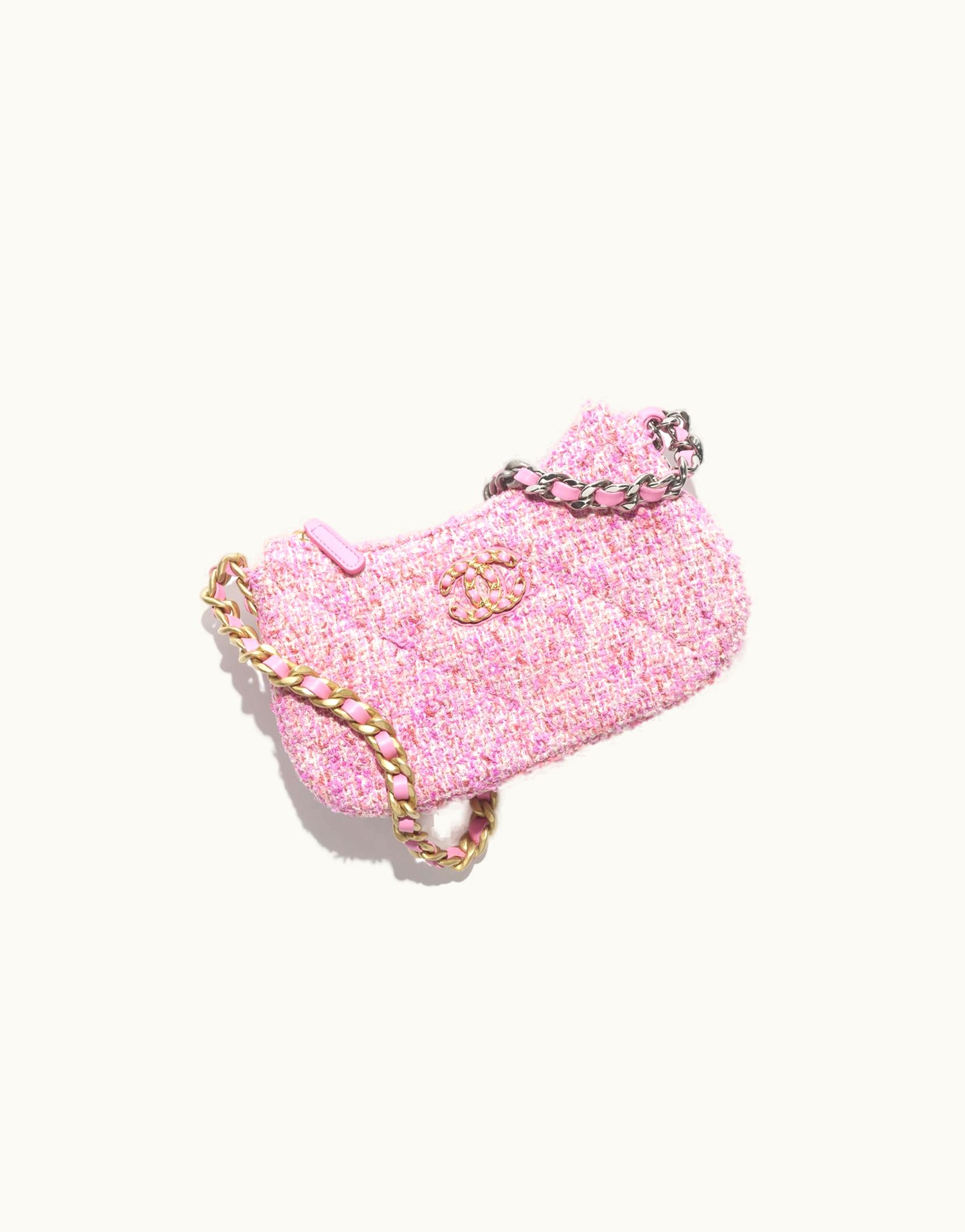 Chanel Chanel 19 Clutch With Chain - Cotton Tweed, Gold-Tone, Silver-Tone & ruthenium-finish Metal, Pink & Ecru