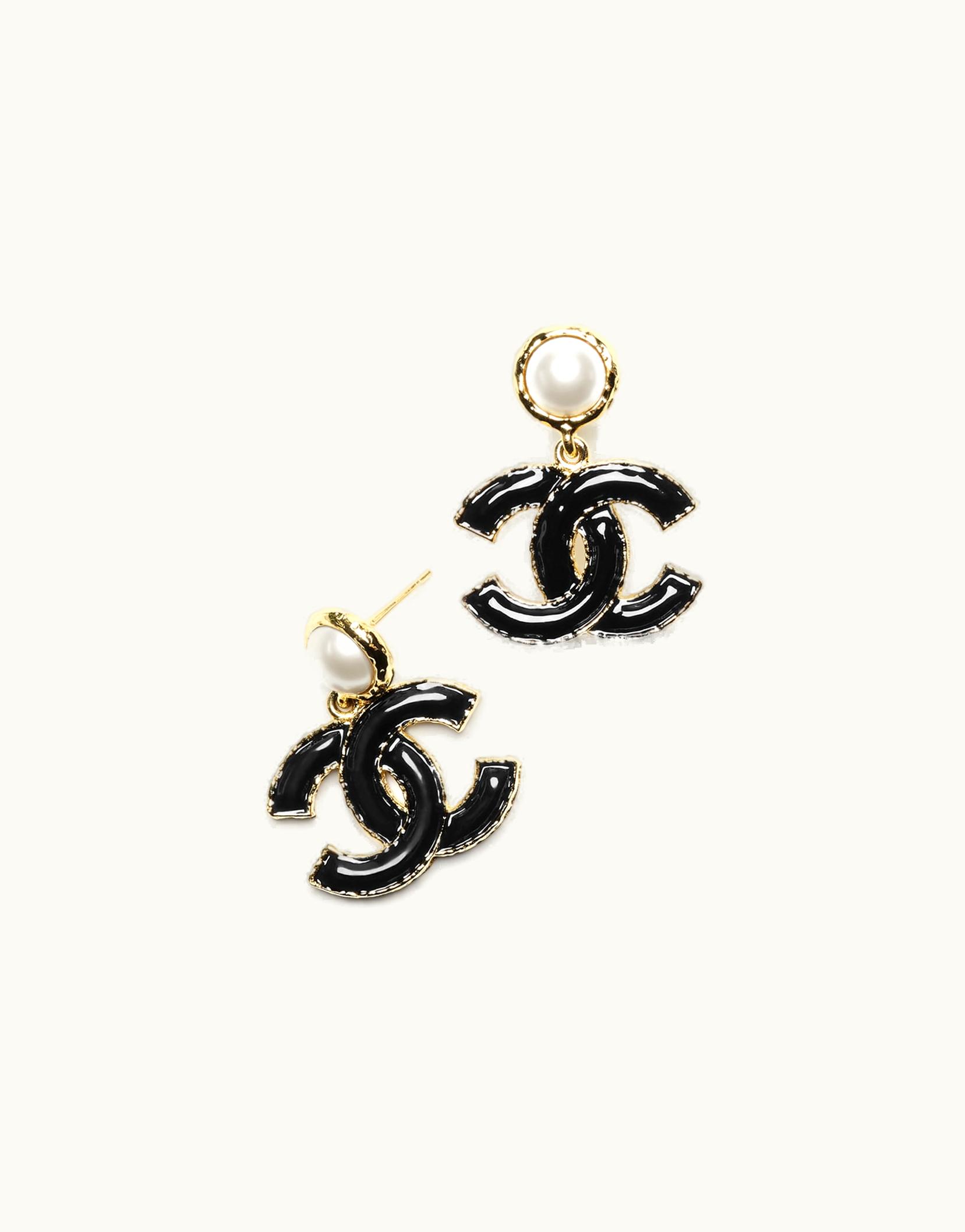 Chanel Chanel Pendant Earrings - Metal & Glass Pearls, Gold, Black & Pearly White
