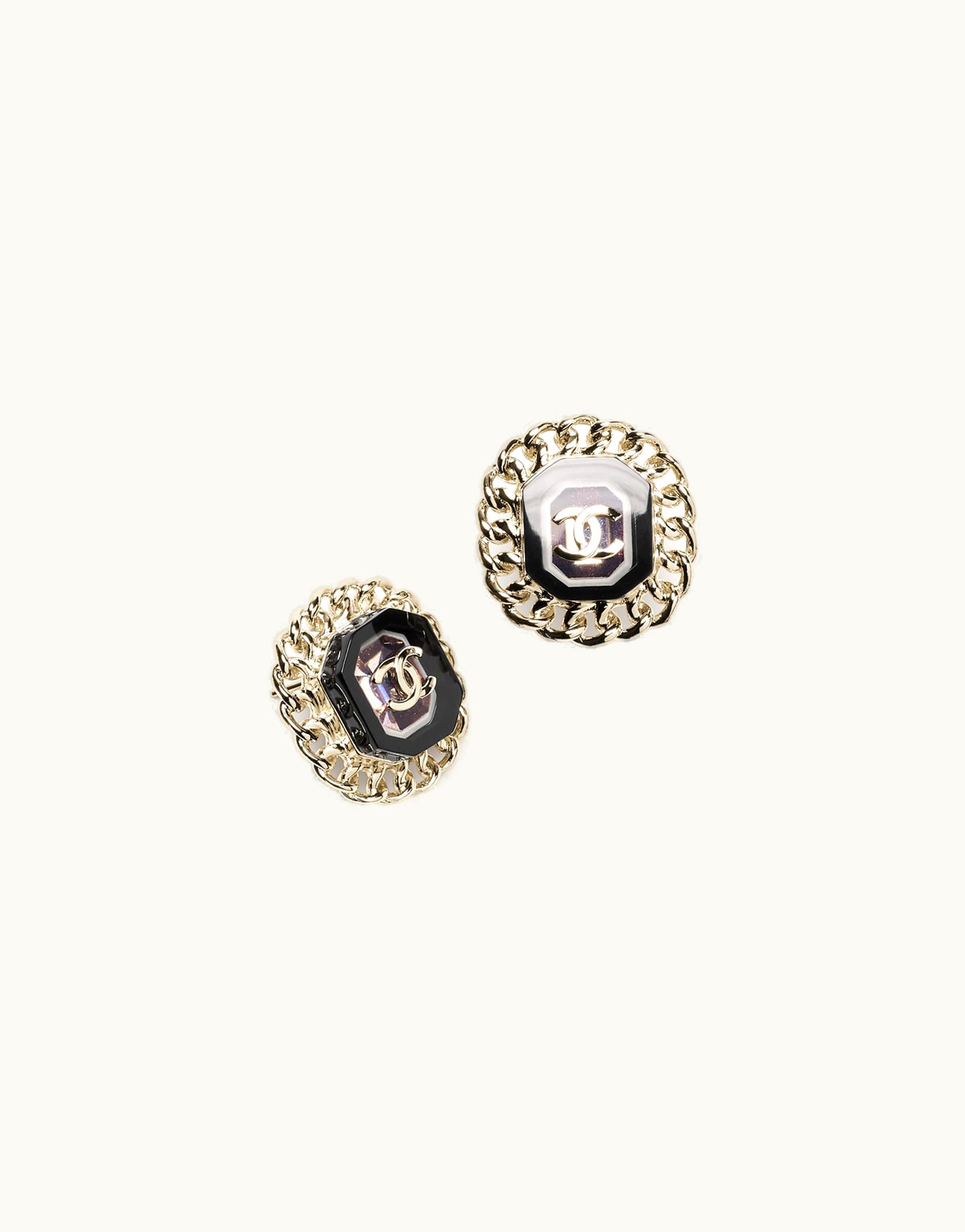 Chanel Chanel Stud Earrings - Metal, Resin & Strass, Gold, Black & Purple