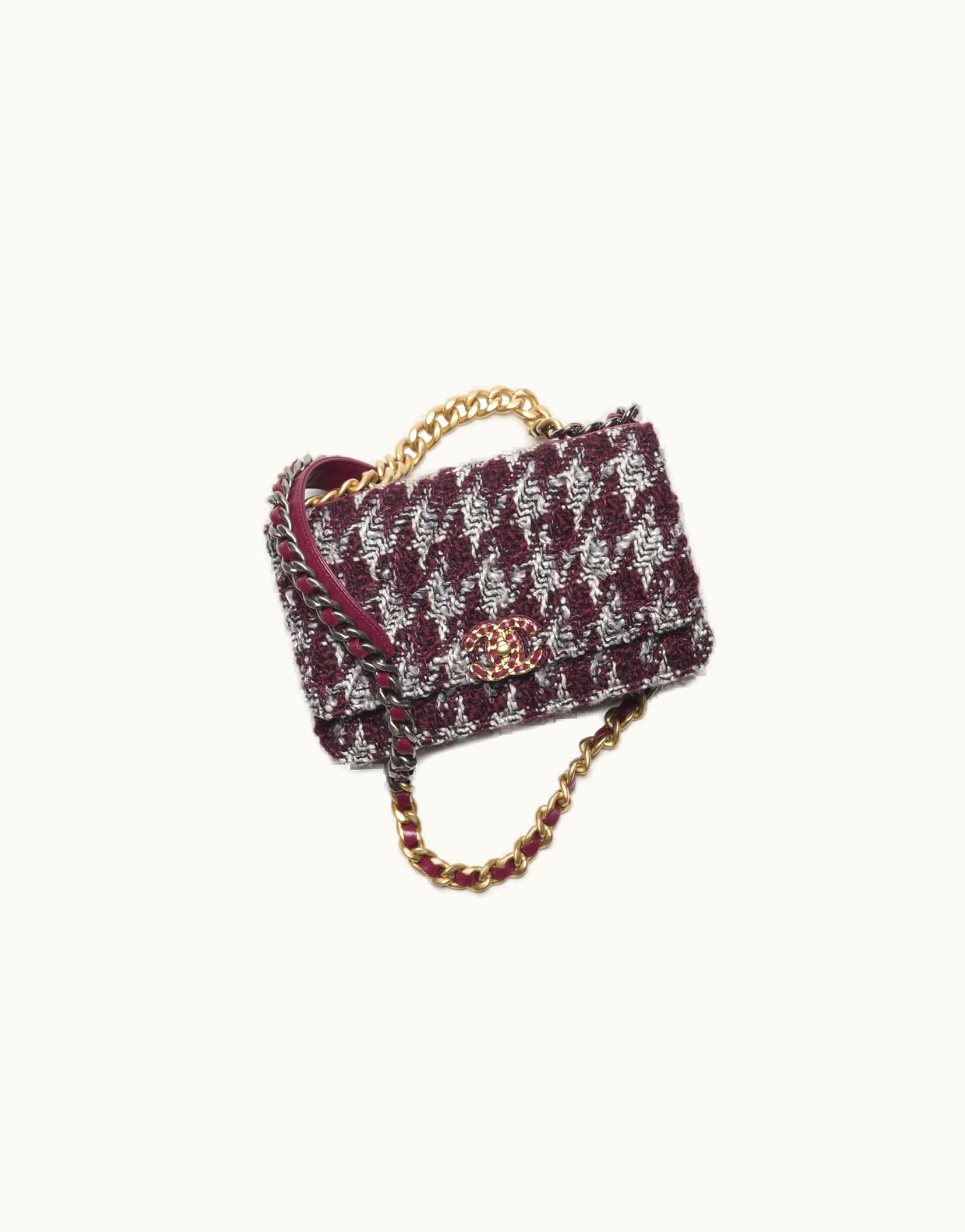 Chanel Chanel 19 Wallet On Chain - Wool Tweed, Gold-Tone, Silver-Tone & ruthenium-finish Metal, Burgundy, Gray & Black