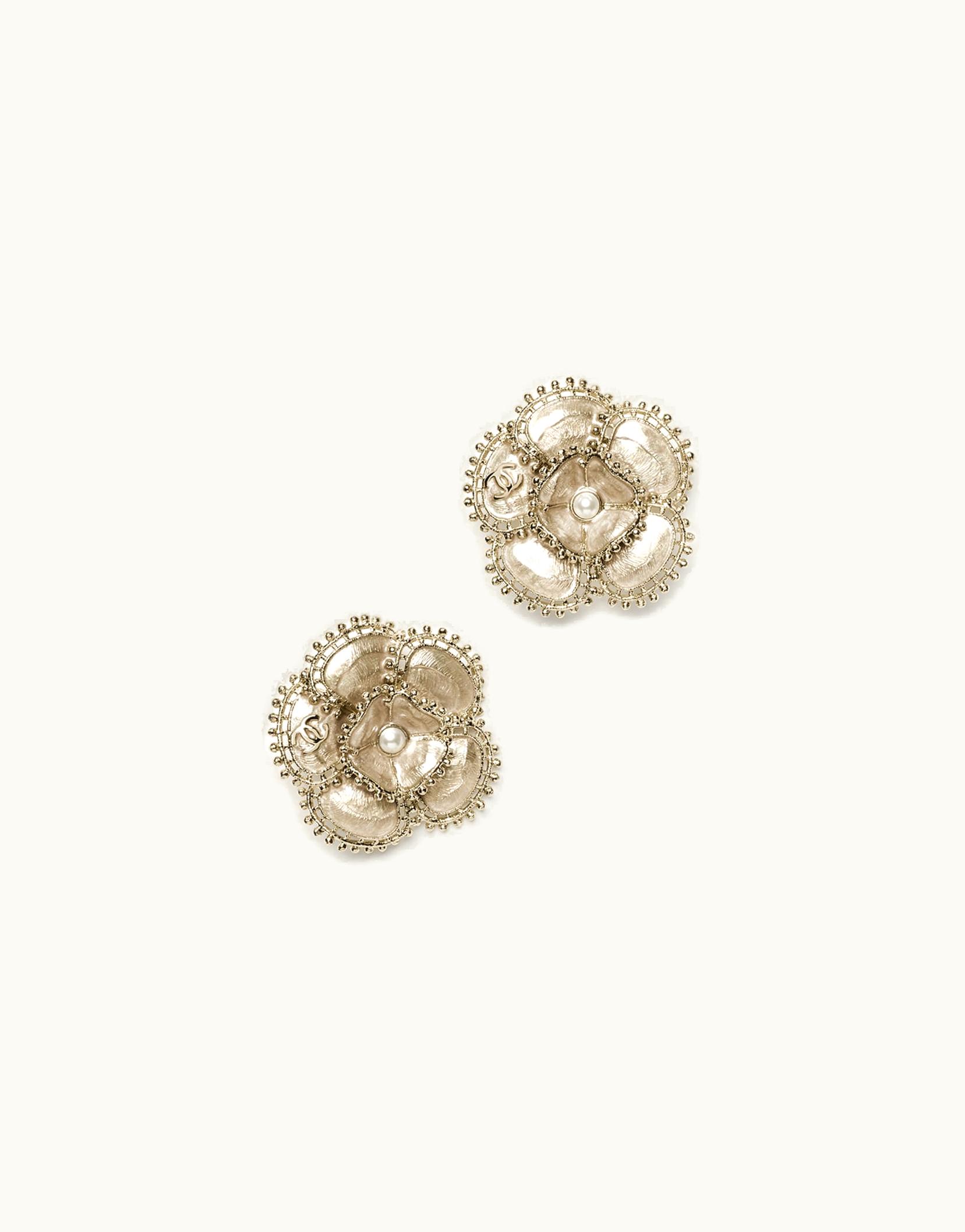 Chanel Chanel Clip-on Stud Earrings - Metal & Glass Pearls, Gold, Beige & Pearly White