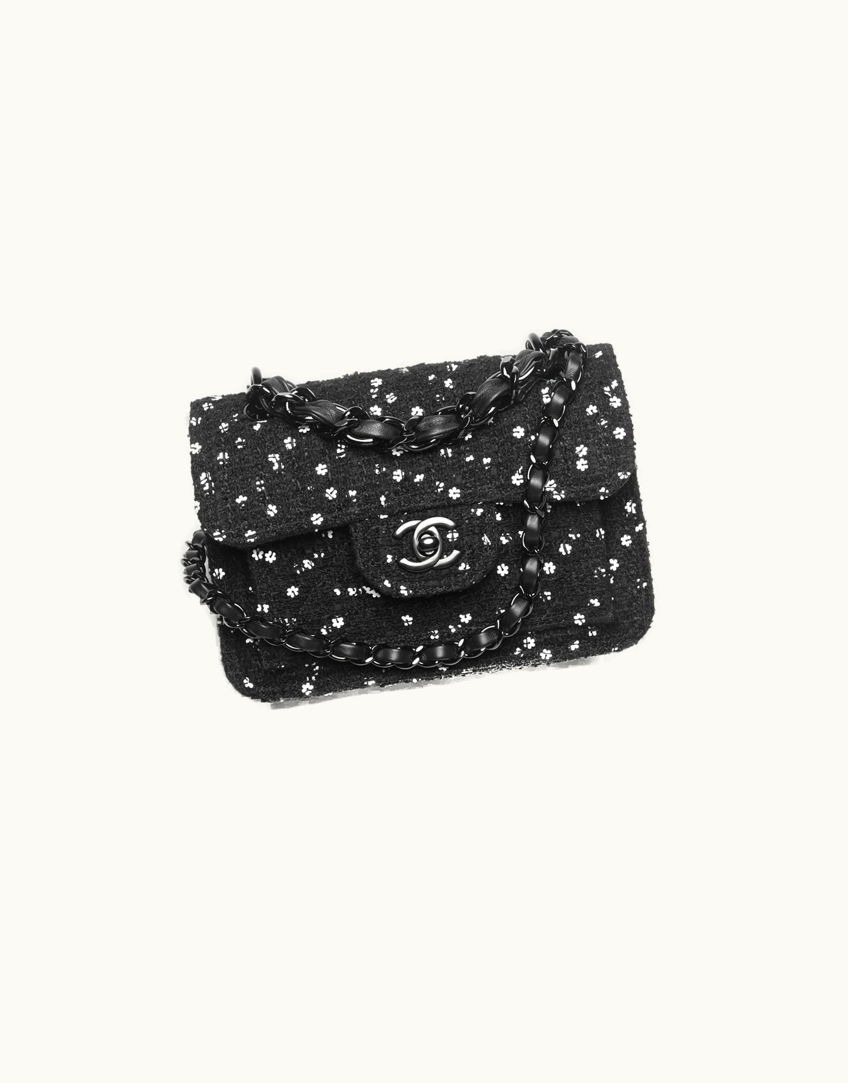 Chanel Chanel Mini Flap Bag, Tweed, Sequins & Black Metal, Black & White