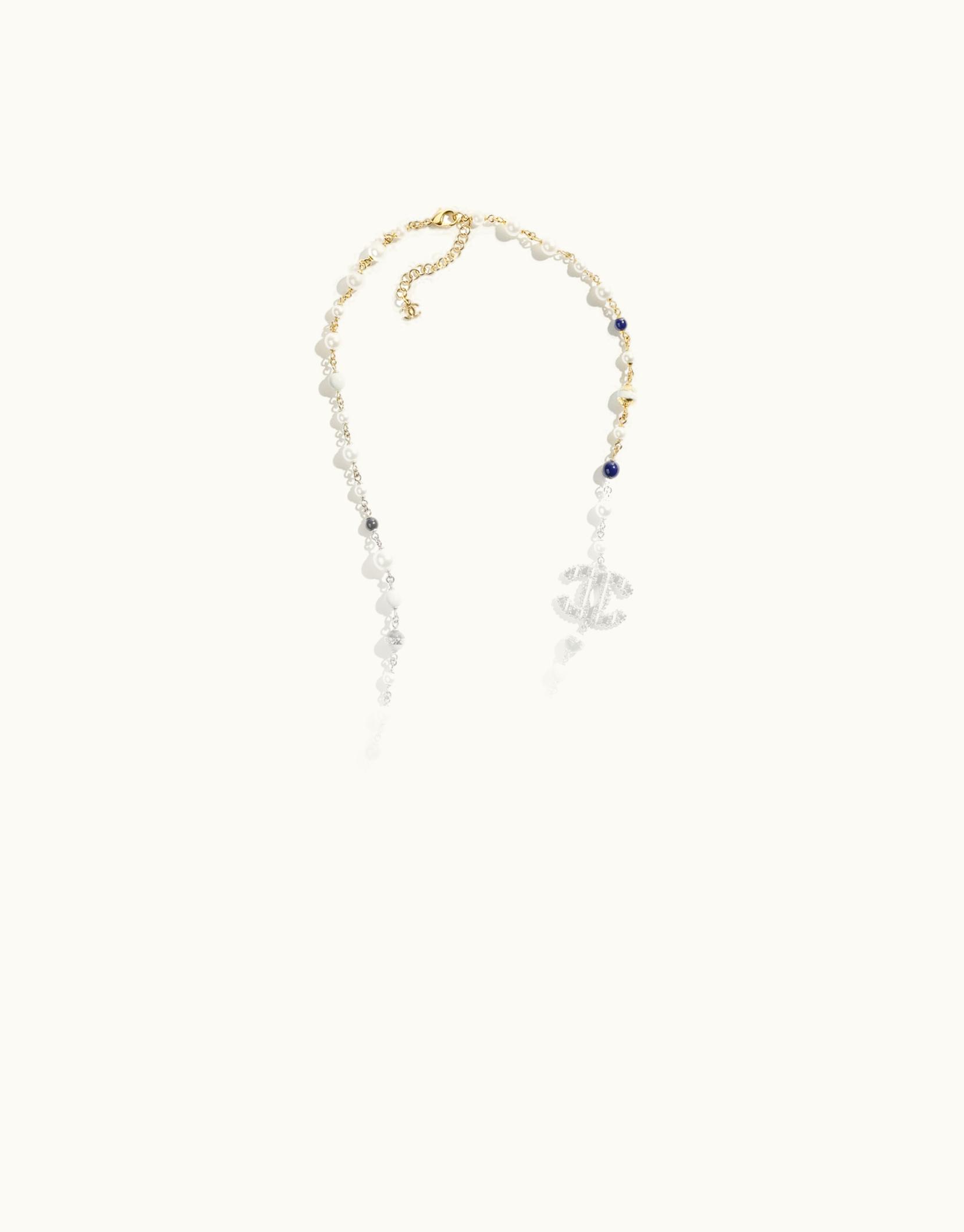 Chanel Chanel Long Necklace - Metal & Glass Pearls, Gold, Pearly White & Blue ABC923B16153NW371