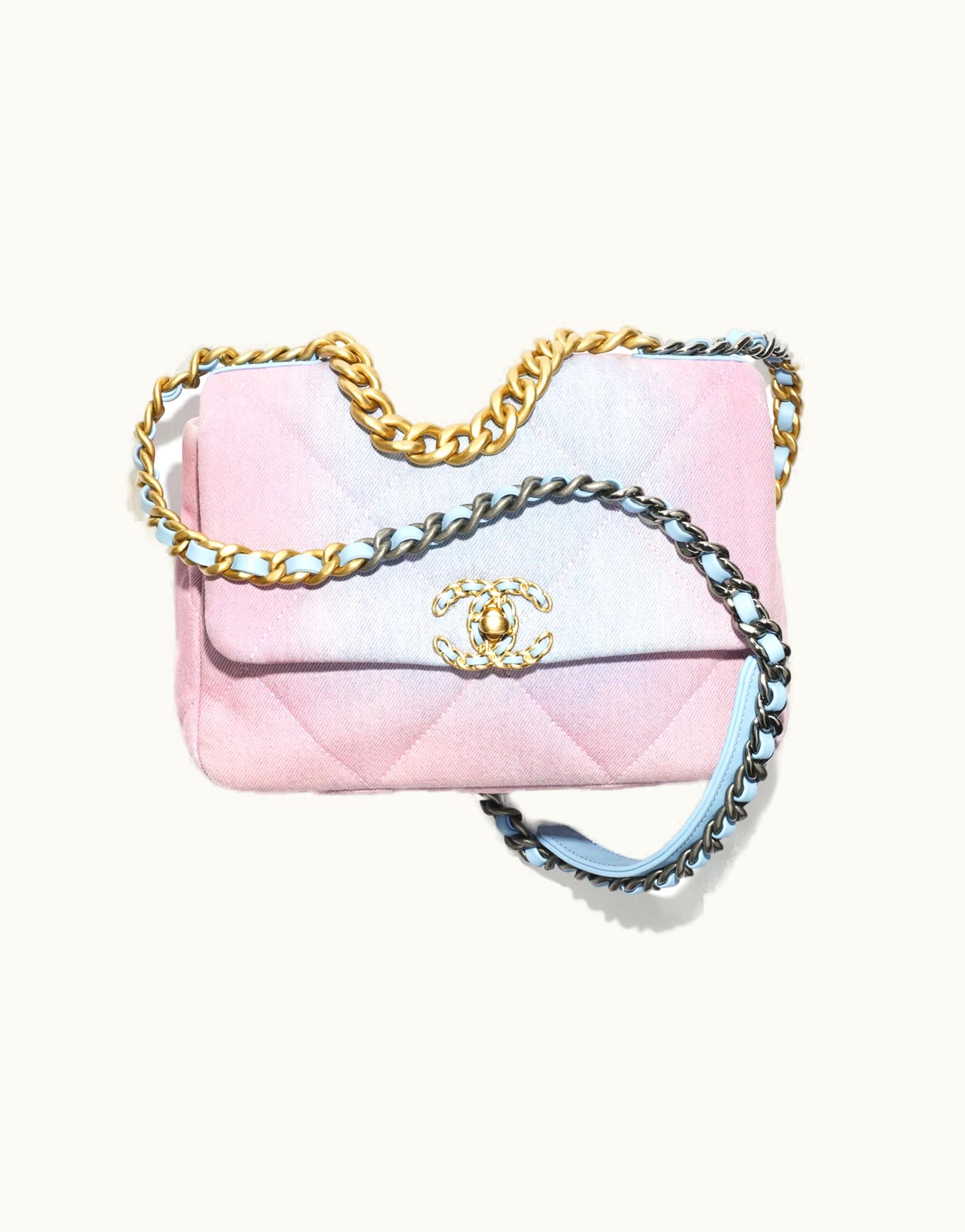Chanel Chanel 19 Handbag, Denim, Gold-Tone, Silver-Tone & ruthenium-finish Metal, Blue & Pink Blue & Pink