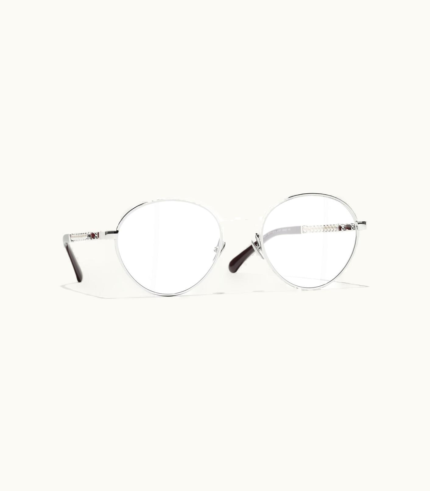 Chanel Chanel Eyeglasses: Round Eyeglasses, Metal & Glass Pearls Silver & Burgundy