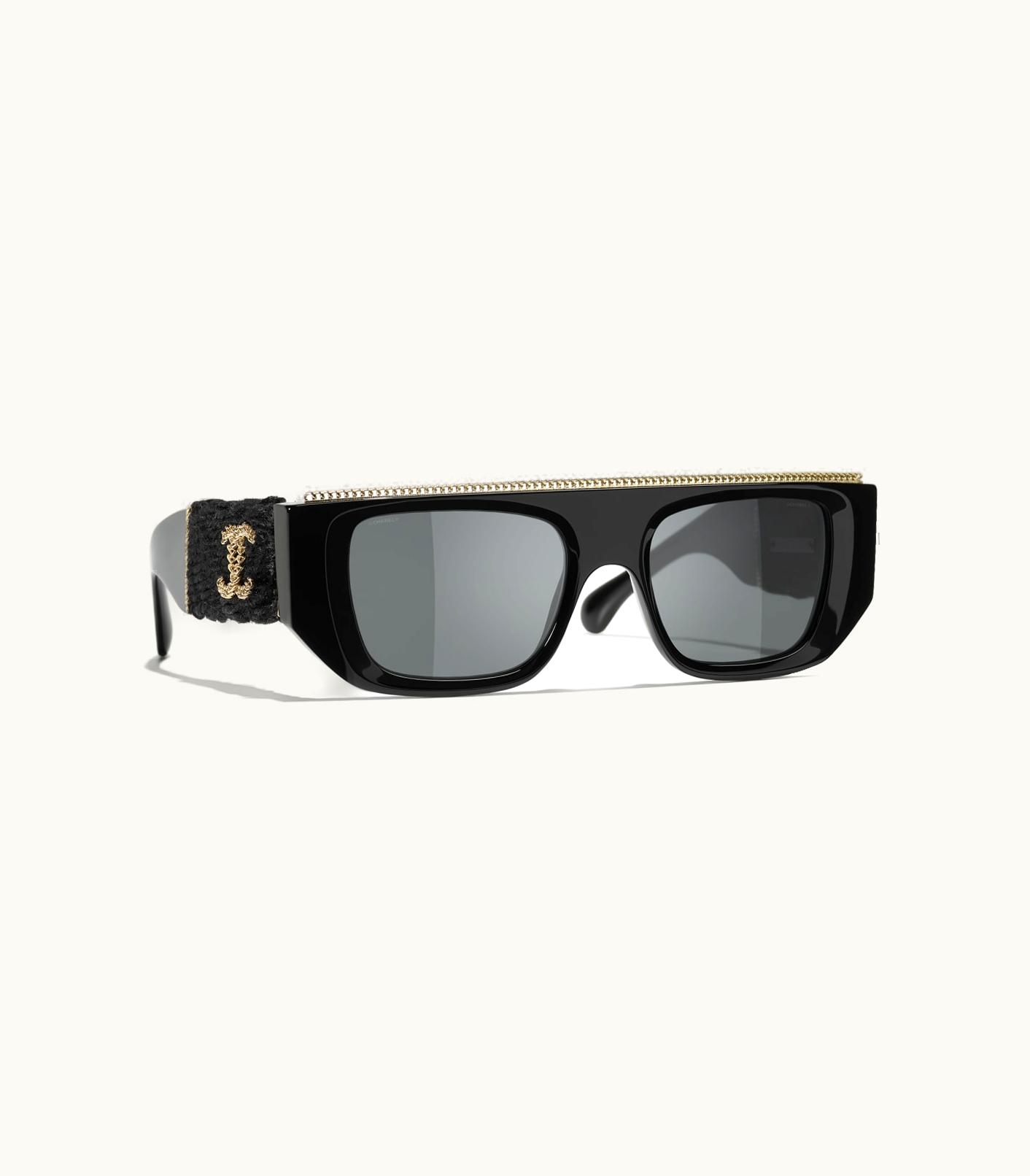 Chanel Chanel Sunglasses: Rectangle Sunglasses, Acetate & Tweed Black & Gold