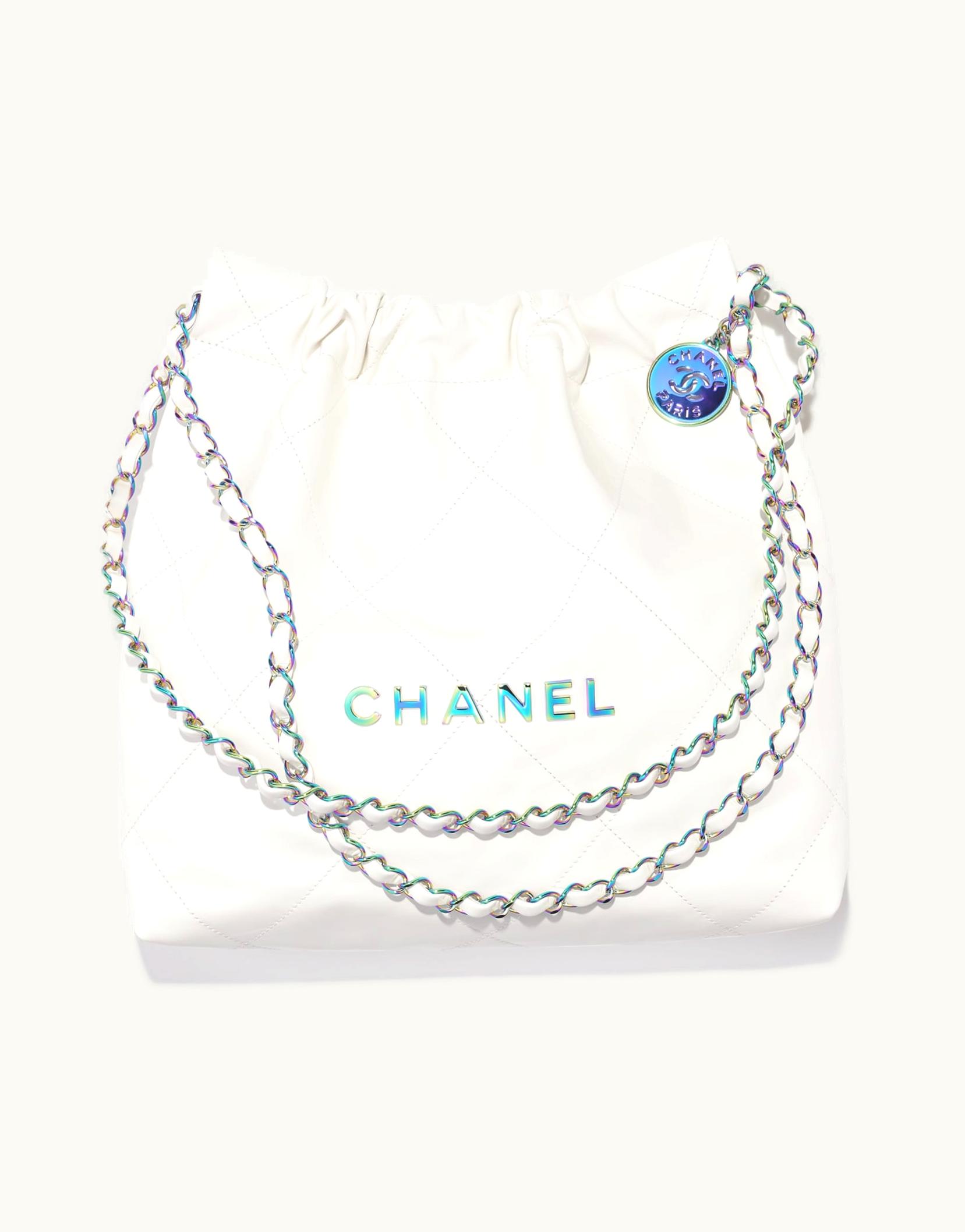 Chanel Chanel 22 Small Handbag, Shiny Calfskin & Rainbow Metal, White
