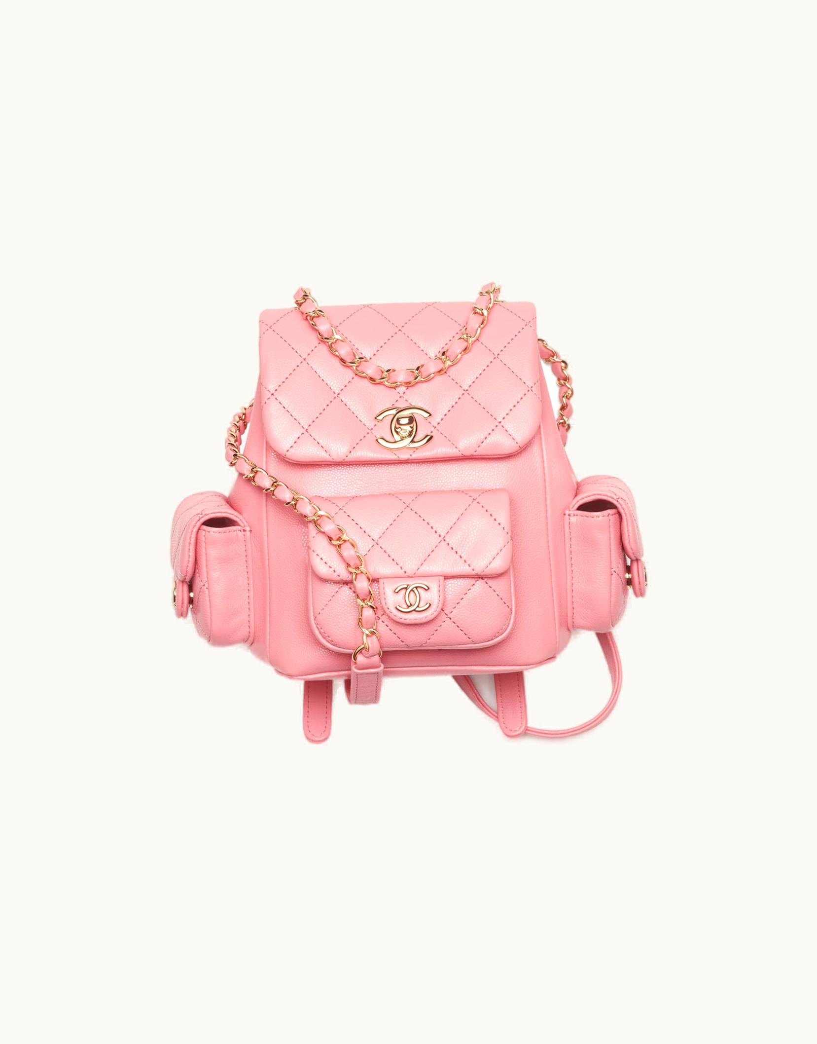 Chanel Chanel Small Backpack, Grained Shiny Calfskin & Gold-Tone Metal, Coral Pink