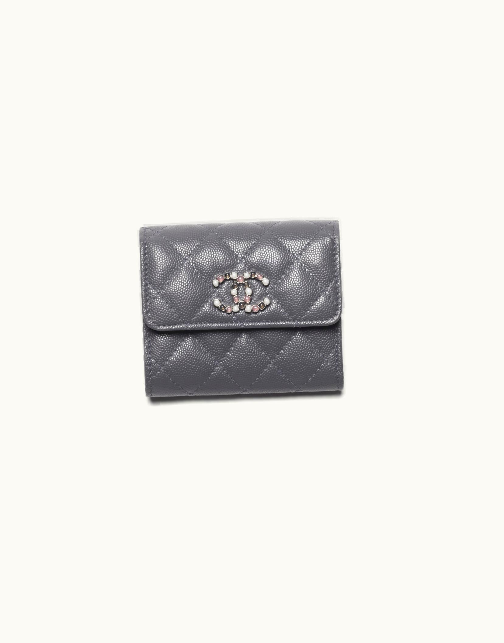 Chanel Chanel Small Flap Wallet - Shiny Grained Calfskin, Enamel & Silver-Tone Metal, Gray