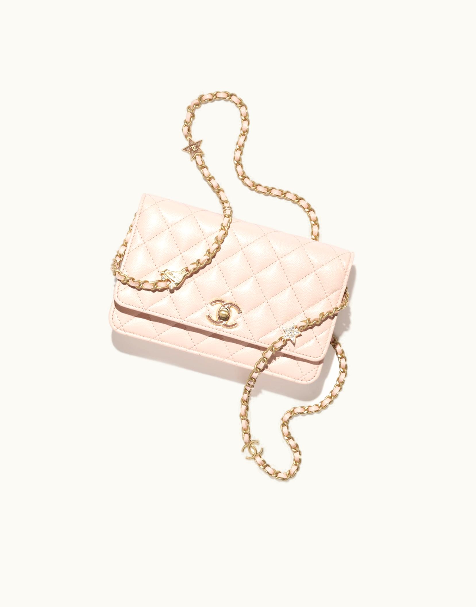 Chanel Chanel Wallet On Chain - Shiny Grained Calfskin, Enamel, Strass & Gold-Tone Metal, Light Pink