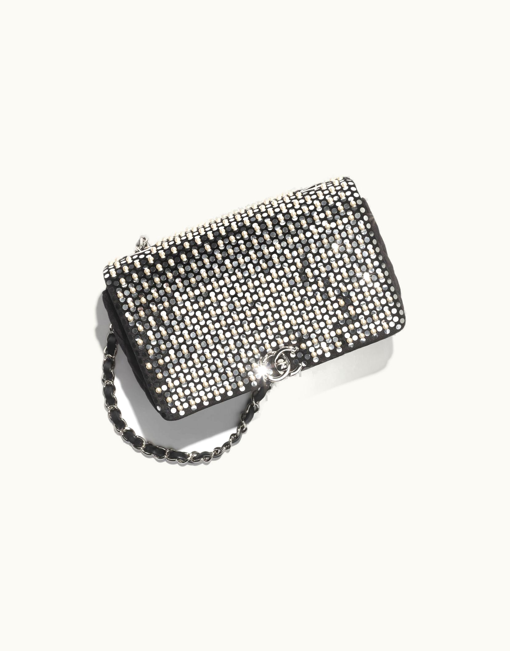 Chanel Chanel Mini Flap Bag, Velvet, Imitation Pearls, Sequins & Silver-Tone Metal, Black