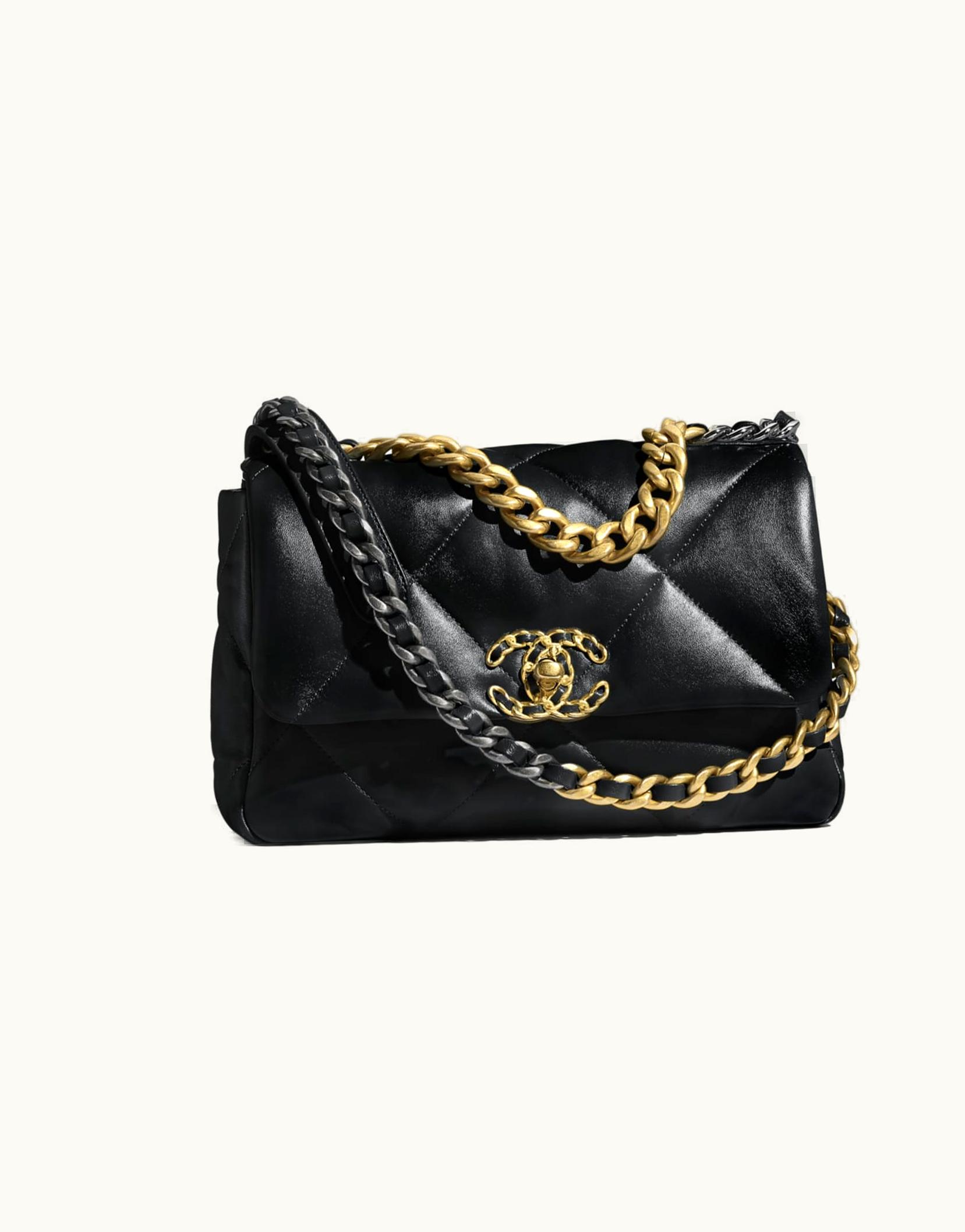Chanel Chanel 19 Handbag, Shiny Lambskin, Gold-Tone, Silver-Tone & ruthenium-finish Metal, Black
