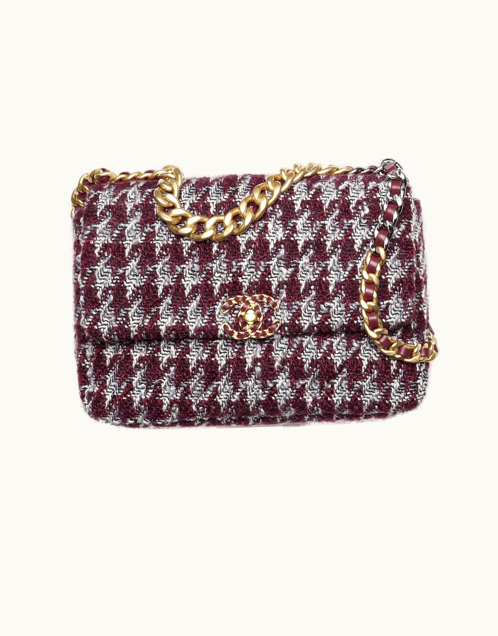 Chanel Chanel 19 Large Handbag, Wool Tweed, Gold-Tone, Silver-Tone & ruthenium-finish Metal, Burgundy, Gray & Black