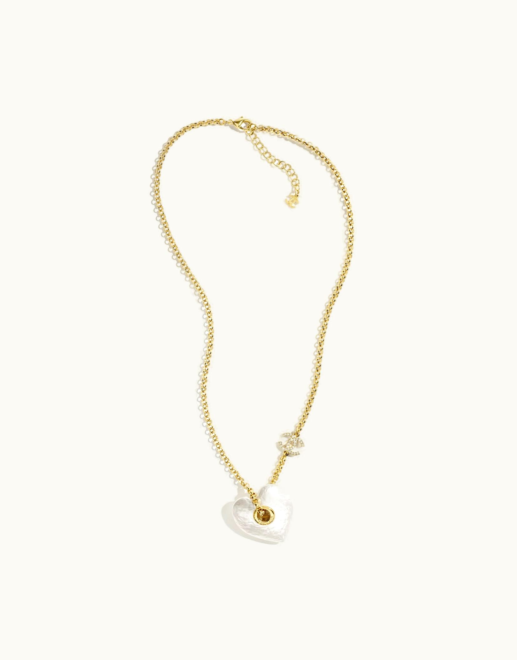 Chanel Chanel Long Pendant Necklace - Metal, Resin & Strass, Gold, Pearly White & Crystal