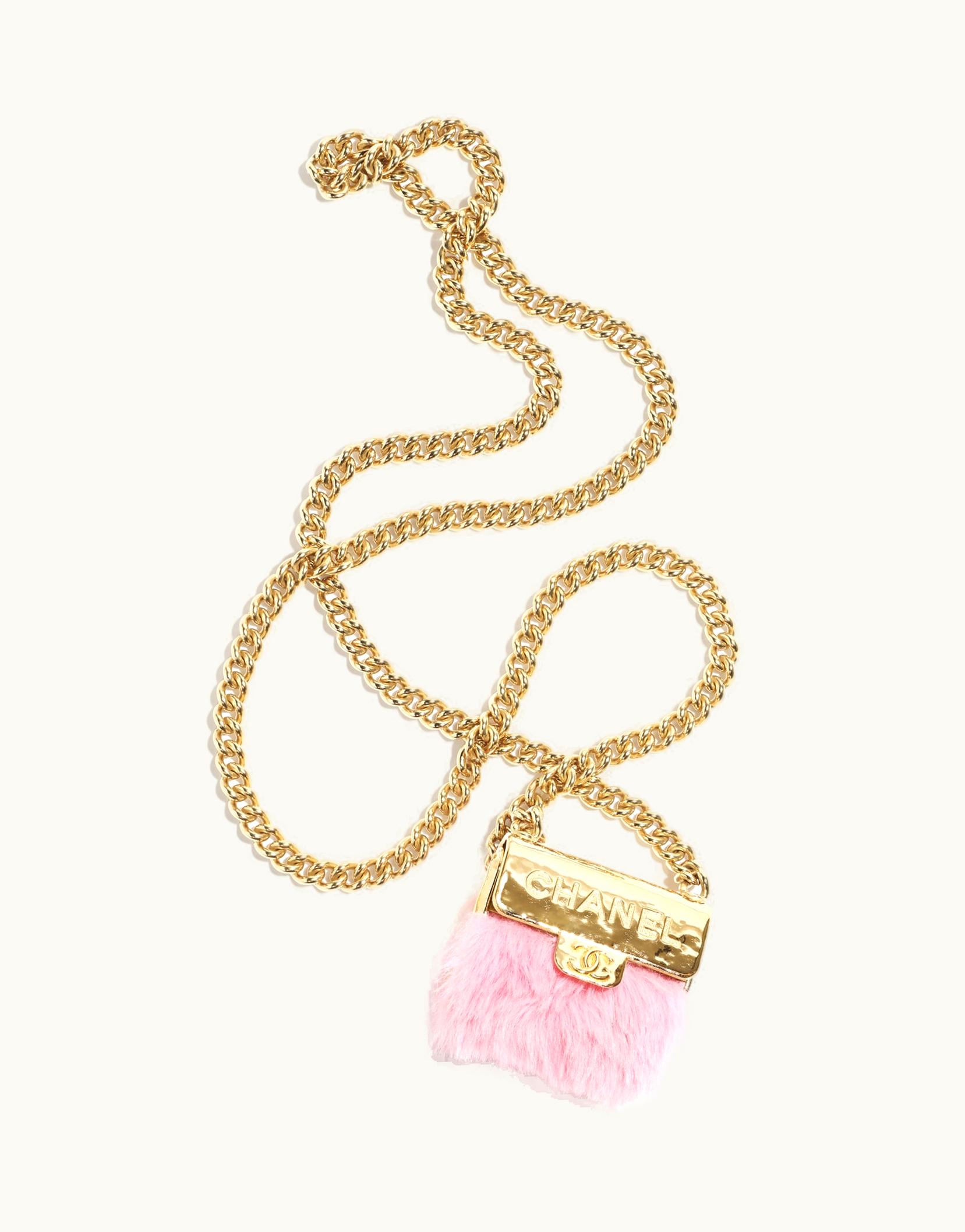 Chanel Chanel Long Pendant Necklace - Metal & Fantasy Fur, Gold & Pink